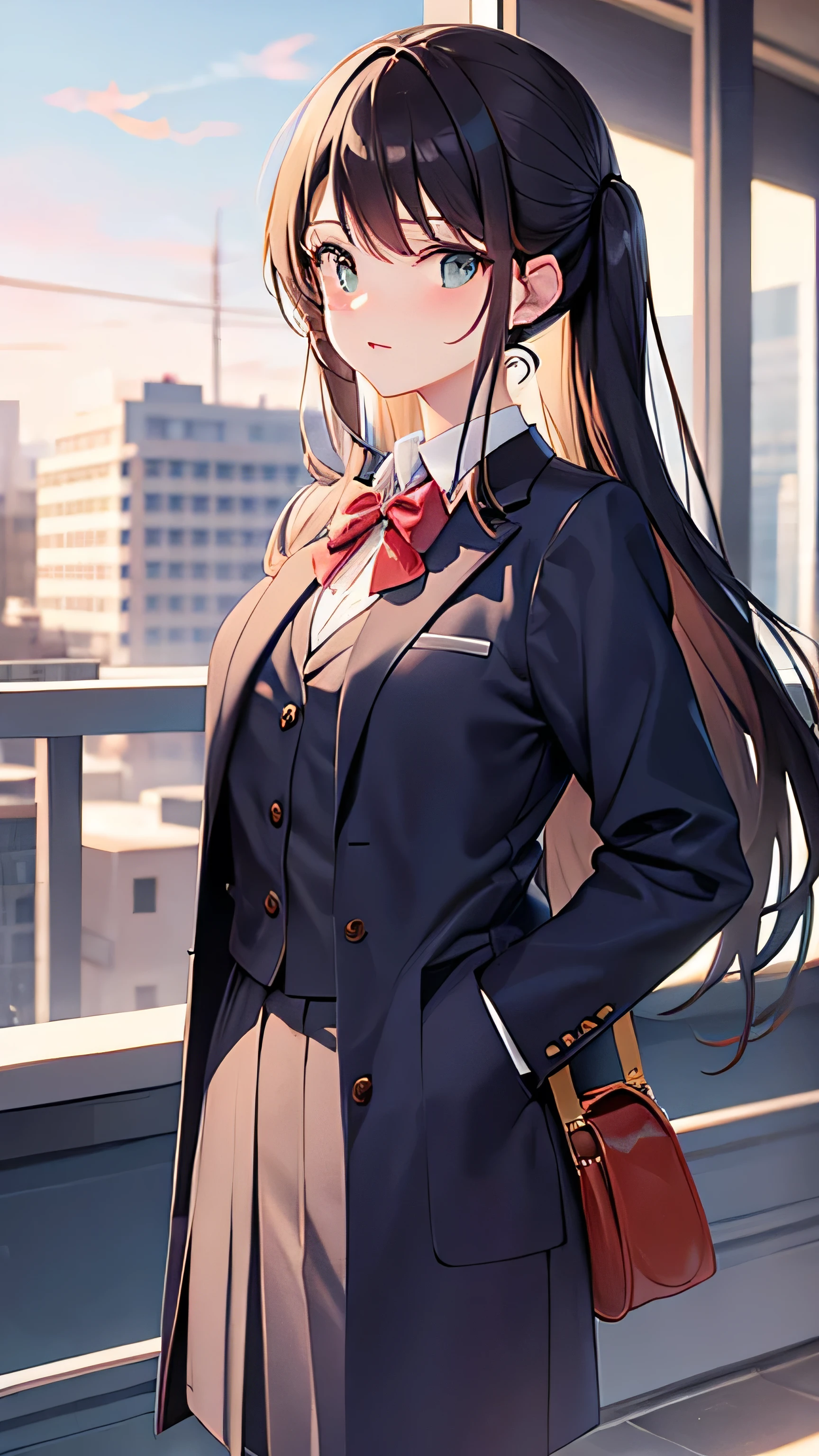 The stands straight in full height, in a school suit