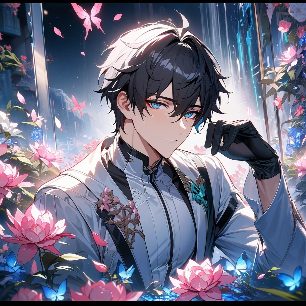 (absurdres, highres, ultra detailed, HDR) master piece, best quality, perfect face, Dan Heng, black hair, expressive blue eyes, solo, sexy man, handsome, black and white clothes, black gloves, glass pink flowers, glass pink petals, glass pink butterflies, glass garden, glass blossoms, everything made with glass, honkai star rail