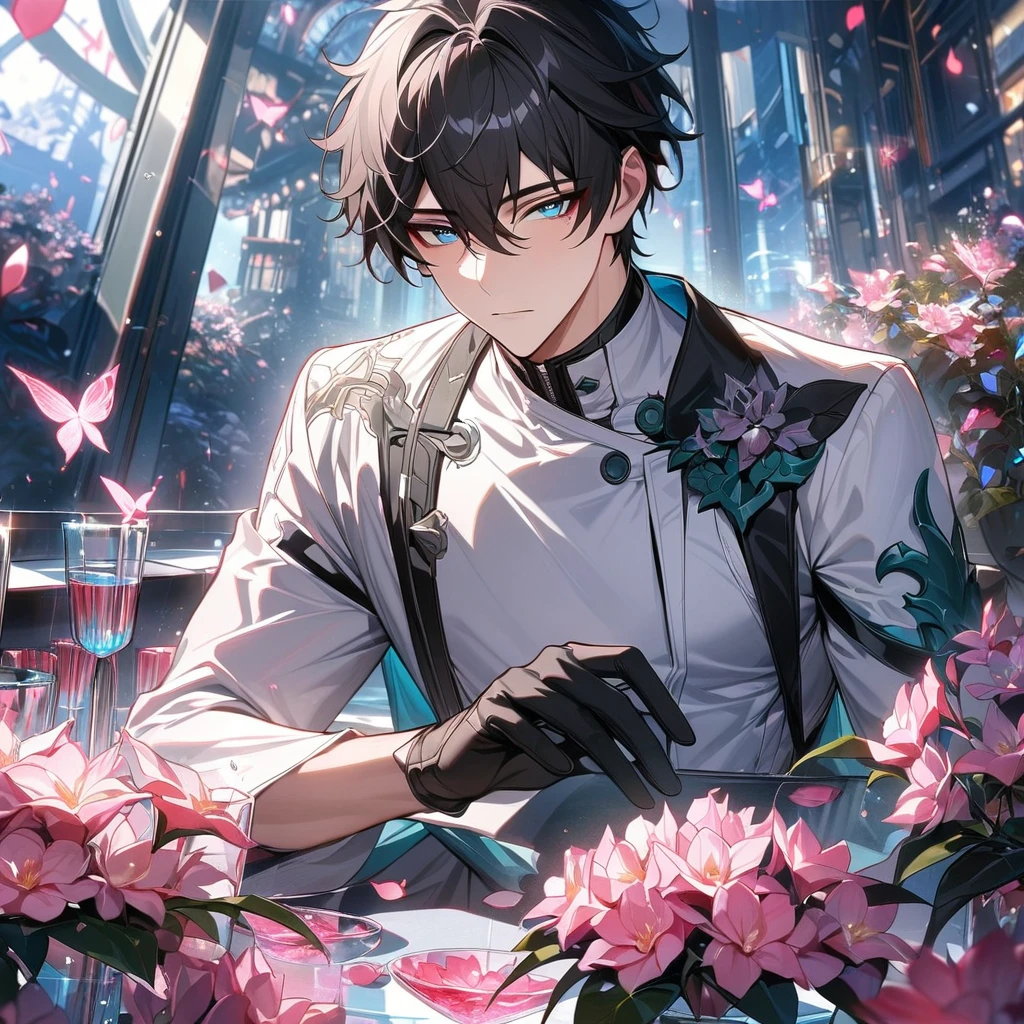 (absurdres, highres, ultra detailed, HDR) master piece, best quality, perfect face, Dan Heng, black hair, expressive blue eyes, solo, sexy man, handsome, black and white clothes, black gloves, glass pink flowers, glass pink petals, glass pink butterflies, glass garden, glass blossoms, everything made with glass, honkai star rail