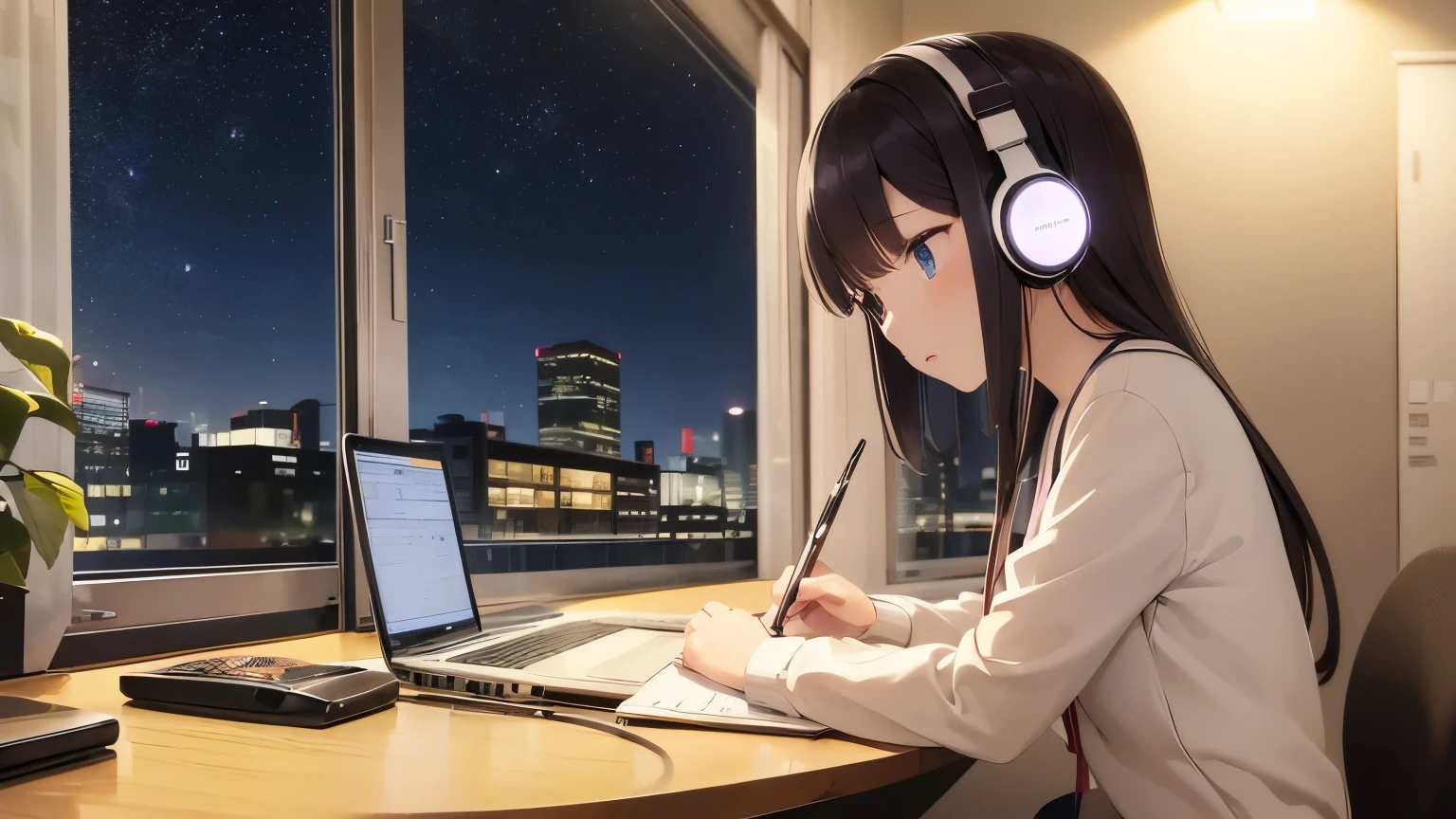 Listening to music with headphones in the room、A girl studying。There is a laptop computer open in front of the desk.、Eyes following the screen。A pen is in hand and writing in a notebook。Outside the window, the shadow of a building floats faintly in the starry sky.、Night Scenery。Japanese anime style。