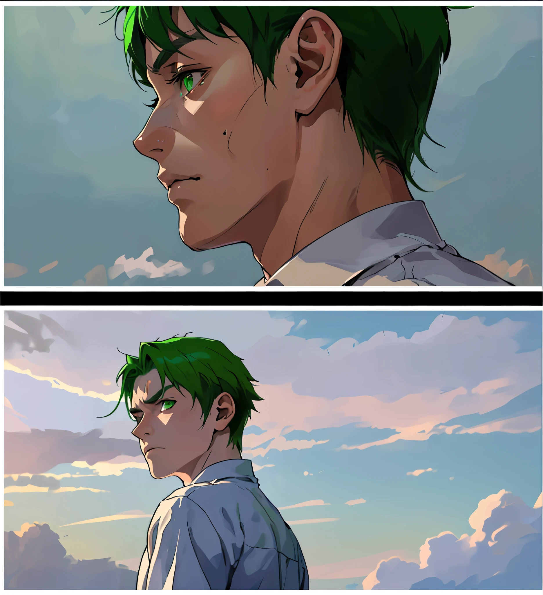 a young man with green hair, green eyes, , is sad