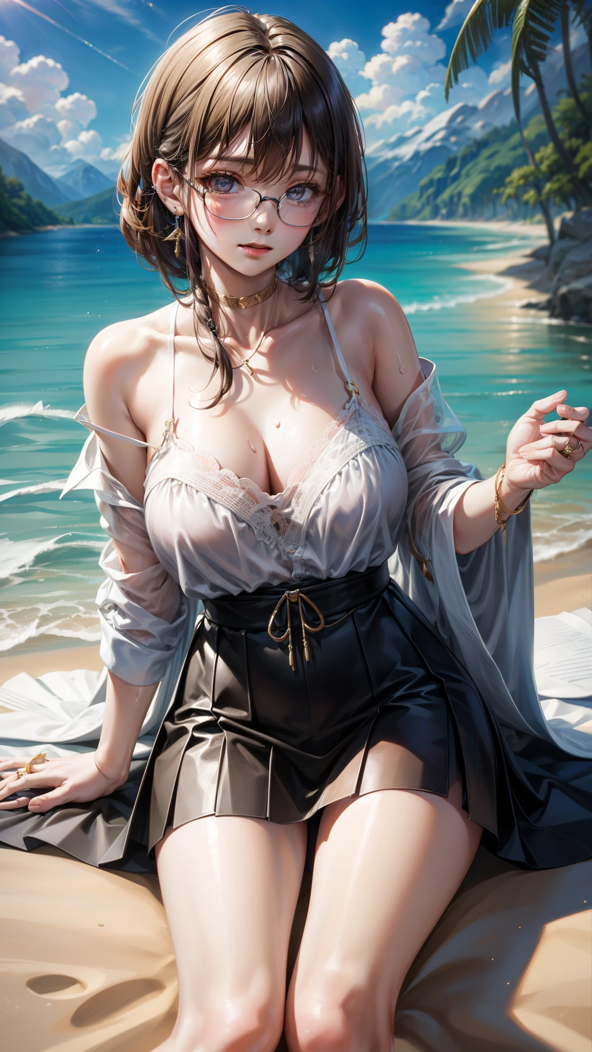 8K quality、High definition eyes、One woman、Brown and purple short hair、Brown eyes、Black-rimmed glasses、Ring piercing of the earlobe、Bright sunshine、lie down on the beach、Sweat、Oversized off-the-shoulder T-shirt that hangs down to the chest、Short frill skirt、Beautiful legs、Beautiful thighs、Dignified face、Young Breasts、Realistic female genitalia、