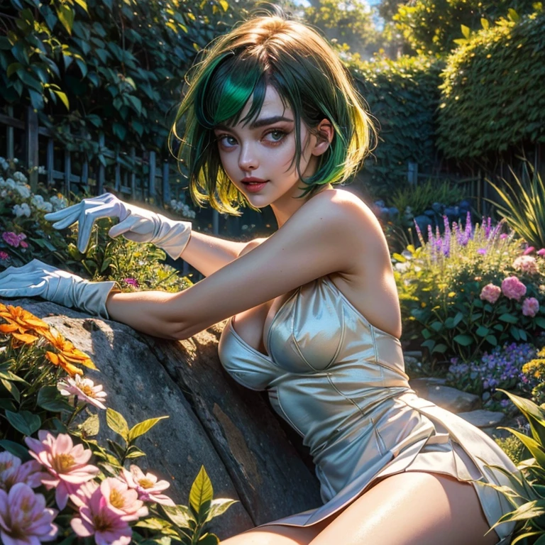 (Extreme Detail CG Unity 8K wallpaper, masterpiece, highest quality), (exquisite lighting and shadow, highly dramatic picture, cinematic lens effect), (Leeloo: 1.4), delicate facial features, charming smile, star eyes, ((dark green hair)), tight top, white gloves, mini skirt, dynamic pose, lying in the garden), (background in a garden full of flowers) (excellent detail, outstanding lighting, wide angle), (excellent rendering, enough to be proud of its kind)