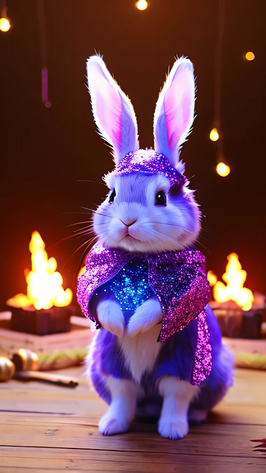 Cute rabbit、fluffy、Little、Background glitter、background fantasy、3D、rendering、Shine、Fire、View from the front、looking at the camera