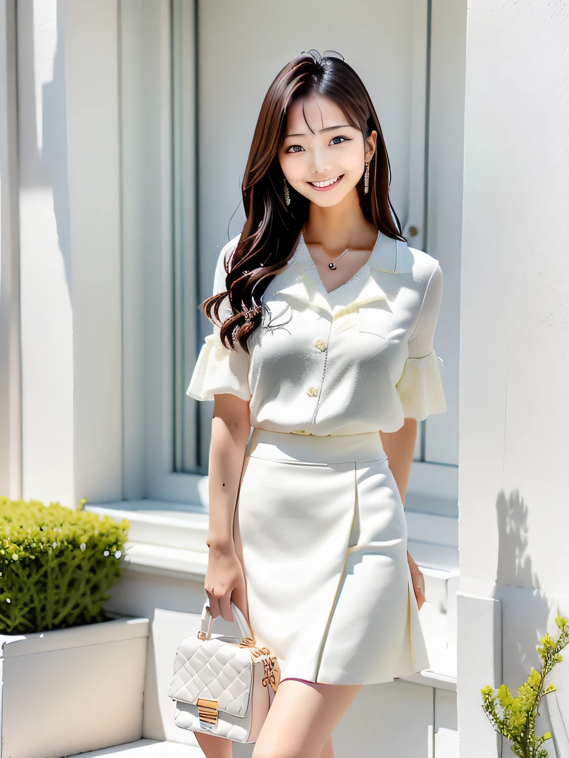 Close-up of a woman in a skirt and with a handbag, korean female fashion model, Cream colored blouse, Wearing a white skirt, Smooth white tight clothing suit, White fashionable clothes, Ulzzang, Japanese Girls , feminine in cute pastel shades, White, reluvy5213, sakimichan, pastel, Pure white skin