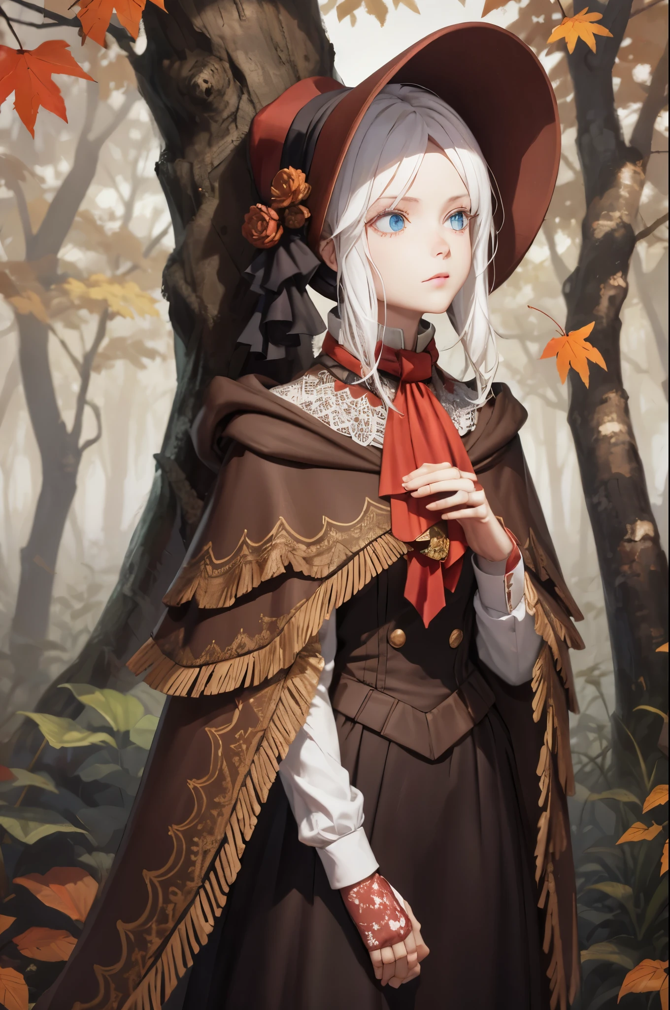 perfect eyes:1.2, detailed eyes:1.4, plaindoll, white hair, pale skin, white eyelashes, white eyelash, doll joints, bonnet, brown cloak, long dress, red ascot, emotionless, autumn, forest, fog, dead trees, muted color, cowboy shot, 1girl, solo, (masterpiece:1.6, best quality),
