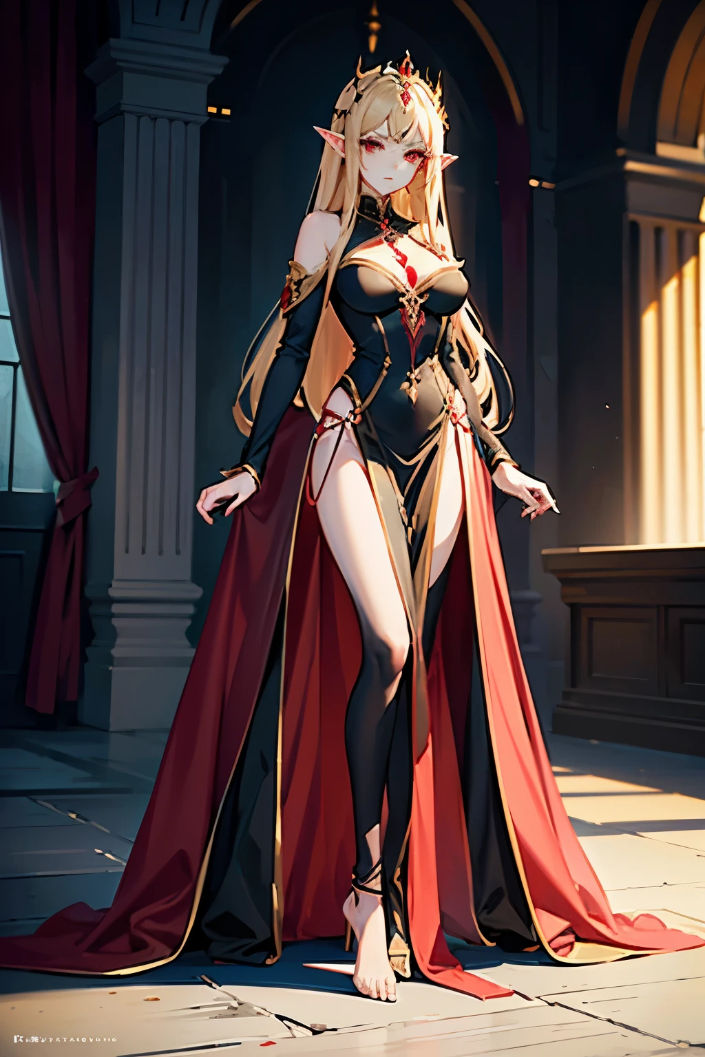 standing in full height, a beautiful drawn face, a young beautiful elf vampire, domineering princess long ash hair red eyes domineering facial expression black and red luxurious dress without shoes cutout on the chest size 2 breasts around blood essence ultra high definition