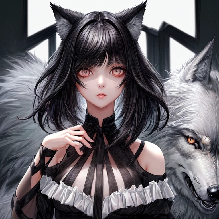 A girl  Shoulder-length hair but wolf cut hair, colour eyes black, hair colour is black ,cute face,beautiful ,masterpiece