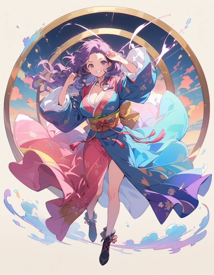 (beautiful woman, wavy hair, purple hair), smiling lightly, big breasts, cleavage, (kimono:1.4, antique pattern, ruffles:1.2), (antique design), short boots,Full Body、 antique background, simple background, (top quality, masterpiece, high resolution,detailed),animated style,flat style,(eyes shining iridescent colors illuminated light,detailed beautiful face), BREAK,extremely detailed,high saturation,floating,dynamic angles,animated