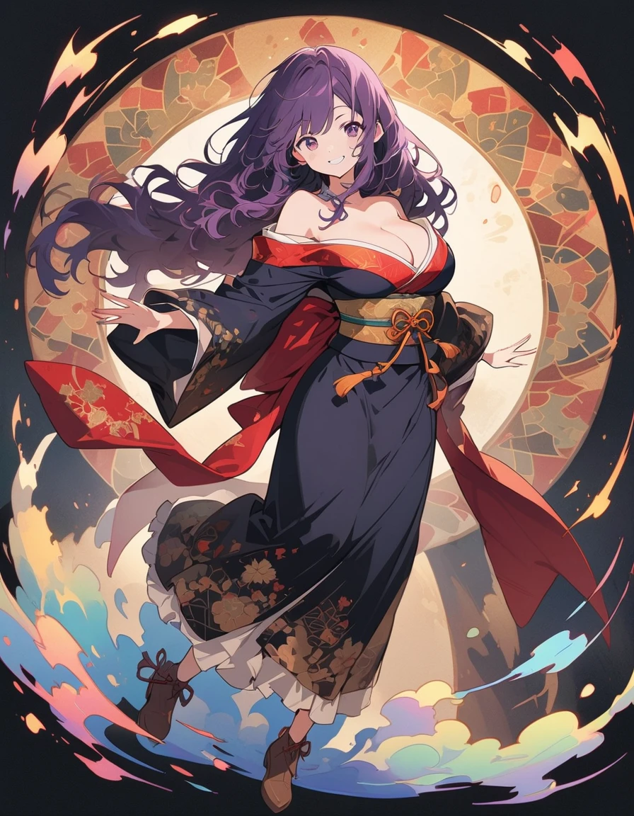 (beautiful woman, wavy hair, purple hair), smiling lightly, big breasts, cleavage, (kimono:1.4, antique pattern, ruffles:1.2), (antique design), short boots,Full Body、 antique background, simple background, (top quality, masterpiece, high resolution,detailed),animated style,flat style,(eyes shining iridescent colors illuminated light,detailed beautiful face), BREAK,extremely detailed,high saturation,floating,dynamic angles,animated