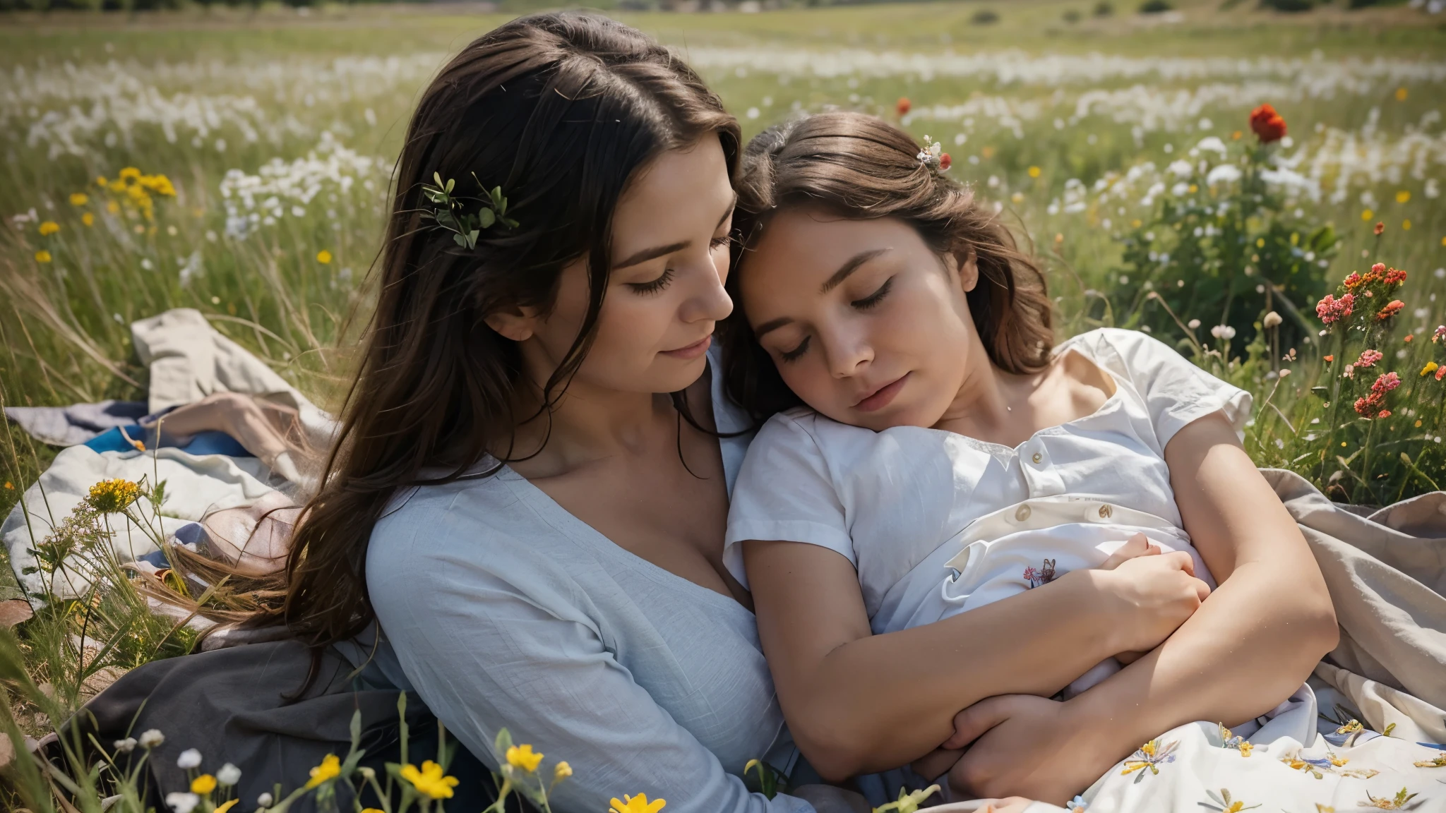 A mother gazing lovingly at her sleeping baby, surrounded by a field of wildflowers, with a gentle breeze blowing through their hair.