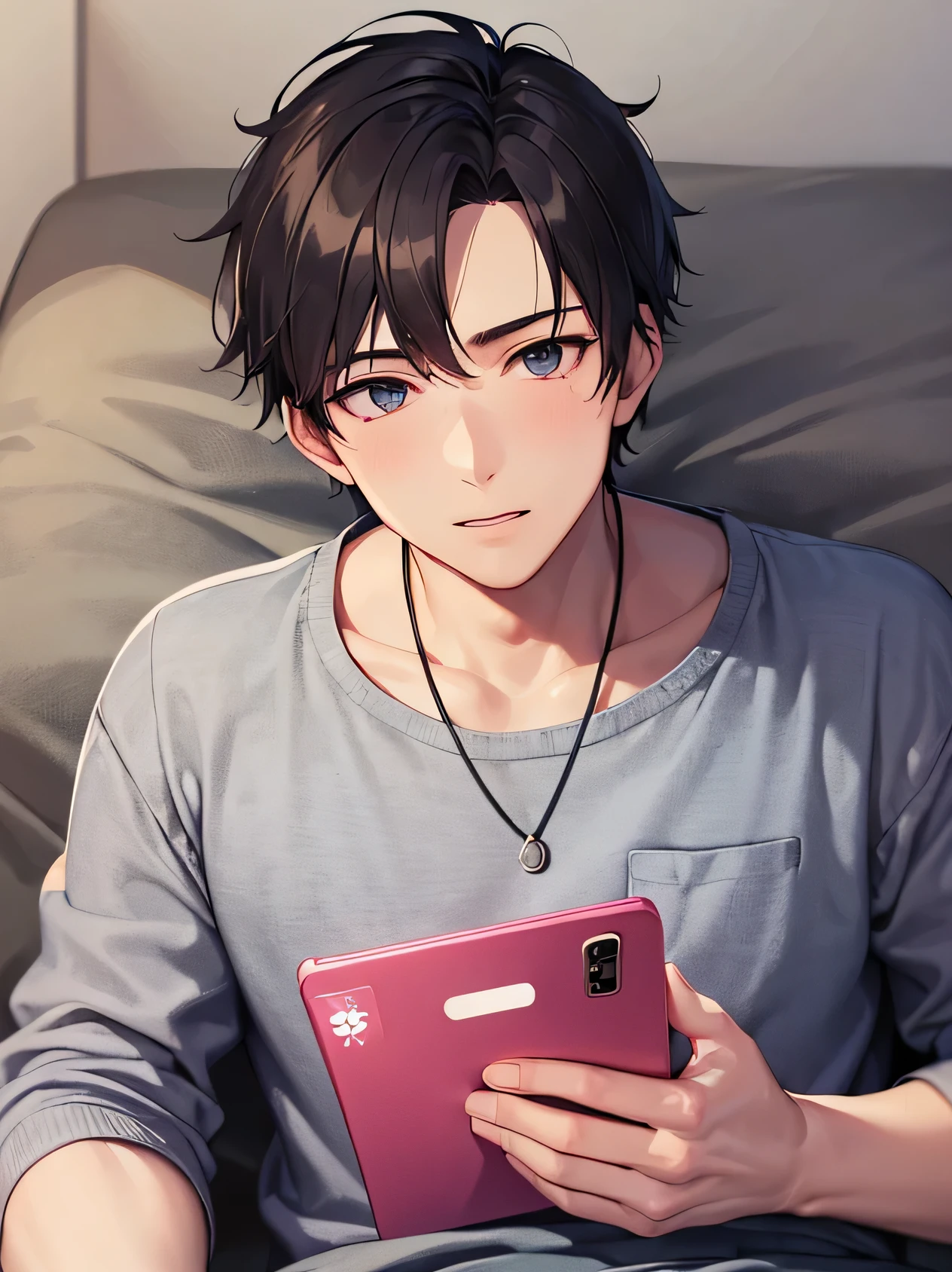 masterpiece、highest quality、(A 29-year-old man:1.5) and (Black short hair) and (blue eyes), (Men's pajamas)and(Smartphone in hand)and(While lying down)and(Sunken look)