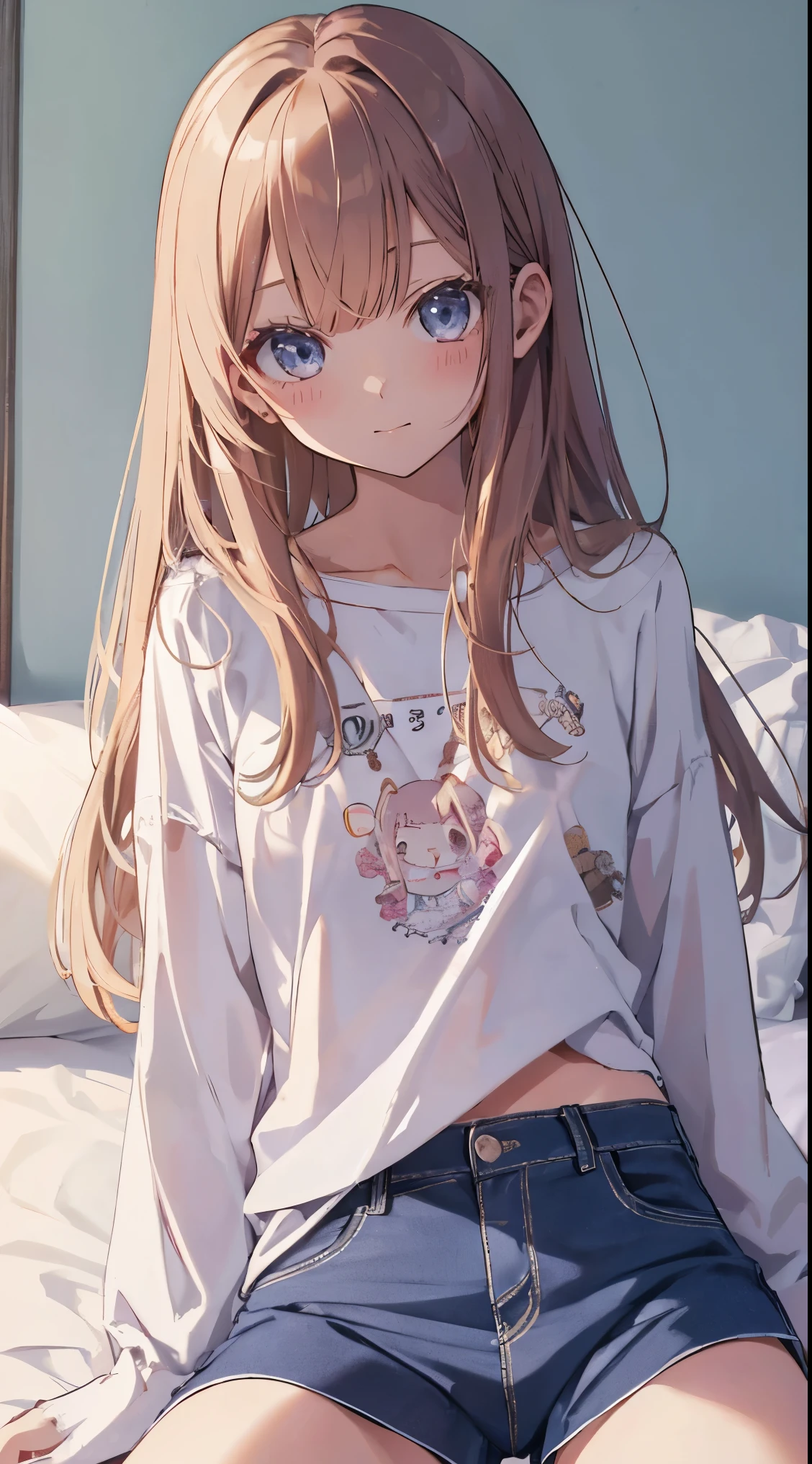 Very detailed、(8k, RAW Photos, highest quality, masterpiece:1.2), (Very detailed 8k wallpaper),shape、Professional Lighting,Sharp focus, Written boundary depth、
Browsing Caution、Clear Eyes、Perfect Anatomy、With a girl、blonde、、、15 years old、Chibi T-shirt、、(blush:1.5),,Open Mouth、imminent kiss,Her plump thighs are in full view、、bed、(White panties:1.3)、Begging pose、