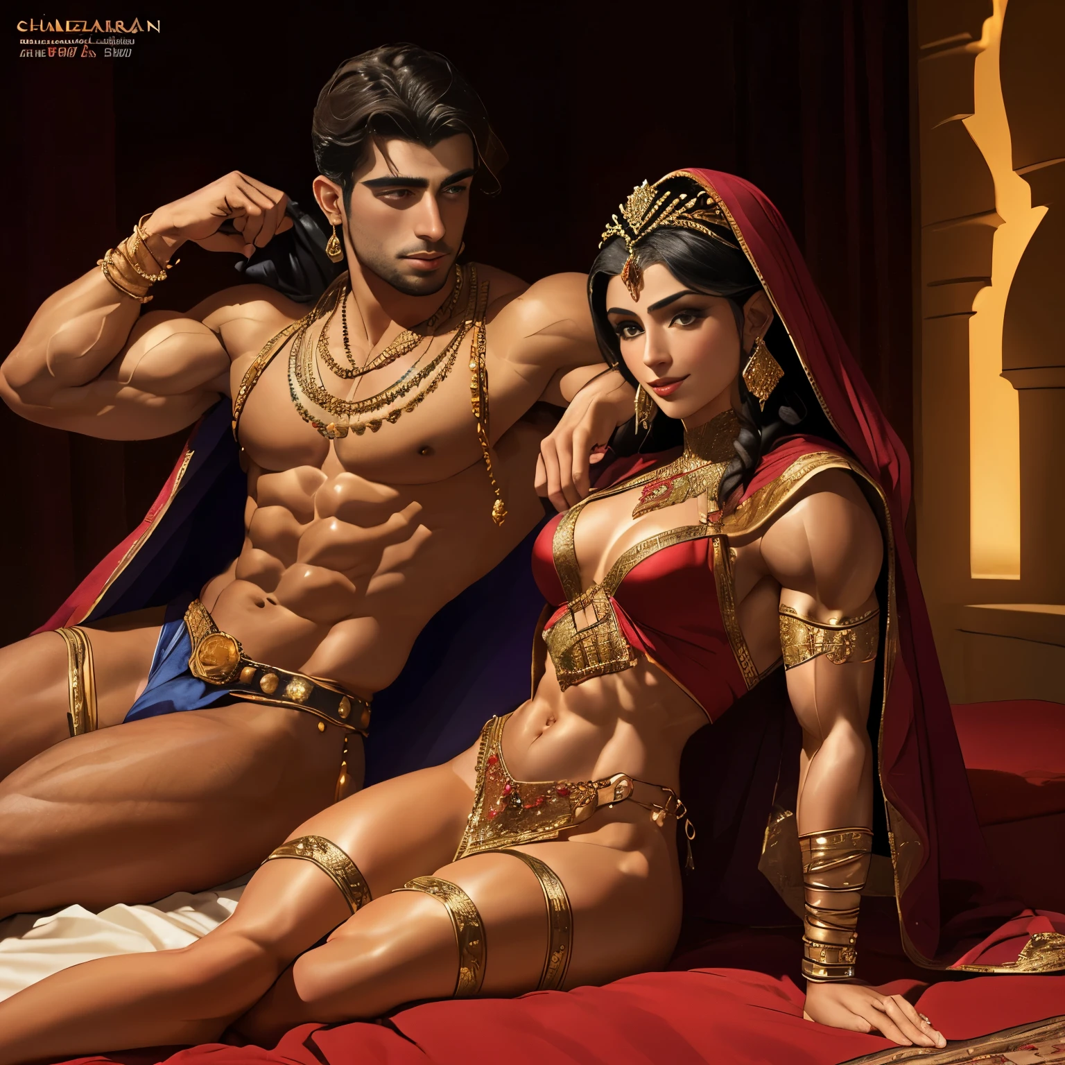 ((((Scheherazade and Shahryar on the bed, One Thousand and One Nights)))), Ancient Persian Palace, dark starry night background, (((sitting nude female bodybuilder wearing short translucent robe and lying machoman wearing waistcoat))), cute girls and guy, smile, (((very muscular body, veins, upperbody portrait, Face and torso portrait))), real girl, (abnormally developed muscles), ((color Image)), Masterpiece, best quality, high resolution, realistic illumination