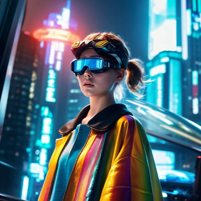 Future Landscapes Minority Report Blade Runner Futuristic Art Themed Portraits. The individual is clear, Colorful hairstyles. Wear oversized clothing, The sophisticated goggles'Made of colorful materials, Translucent crystals, Projecting scenes of ambiguous colors. Half Robot、Intricate and futuristic design, Reminiscent of cyberpunk aesthetics. In the background is a hazy landscape with glittering stars.., Reminiscent of a bustling night city. The skin will have a gentle iris-like glow.., Reflects the colors of its surroundings.