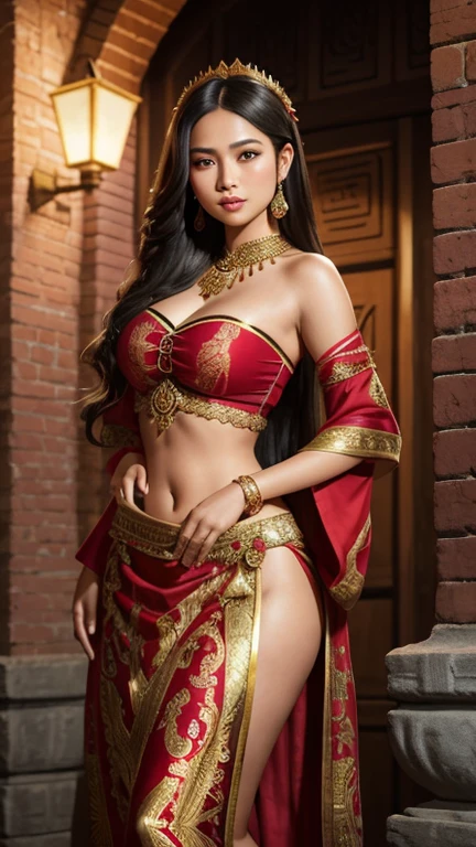 In the heart of Majapahit's rich heritage, lebih imut Laksmininya, an exquisitely hyper-detailed and hyper-realistic UHD 16K 3D character comes alive. Adorned in traditional clothing, she wears a vibrant red tang top that hugs her curves, revealing the alluring hint of her midriff. Her long, flowing hair is half-tied with an intricately designed golden bracelet, its ends waving gracefully down to her waist. The lower half of her hair cascades freely, shimmering under the soft red brick fortress lighting.

An award-winning batik fabric, intric