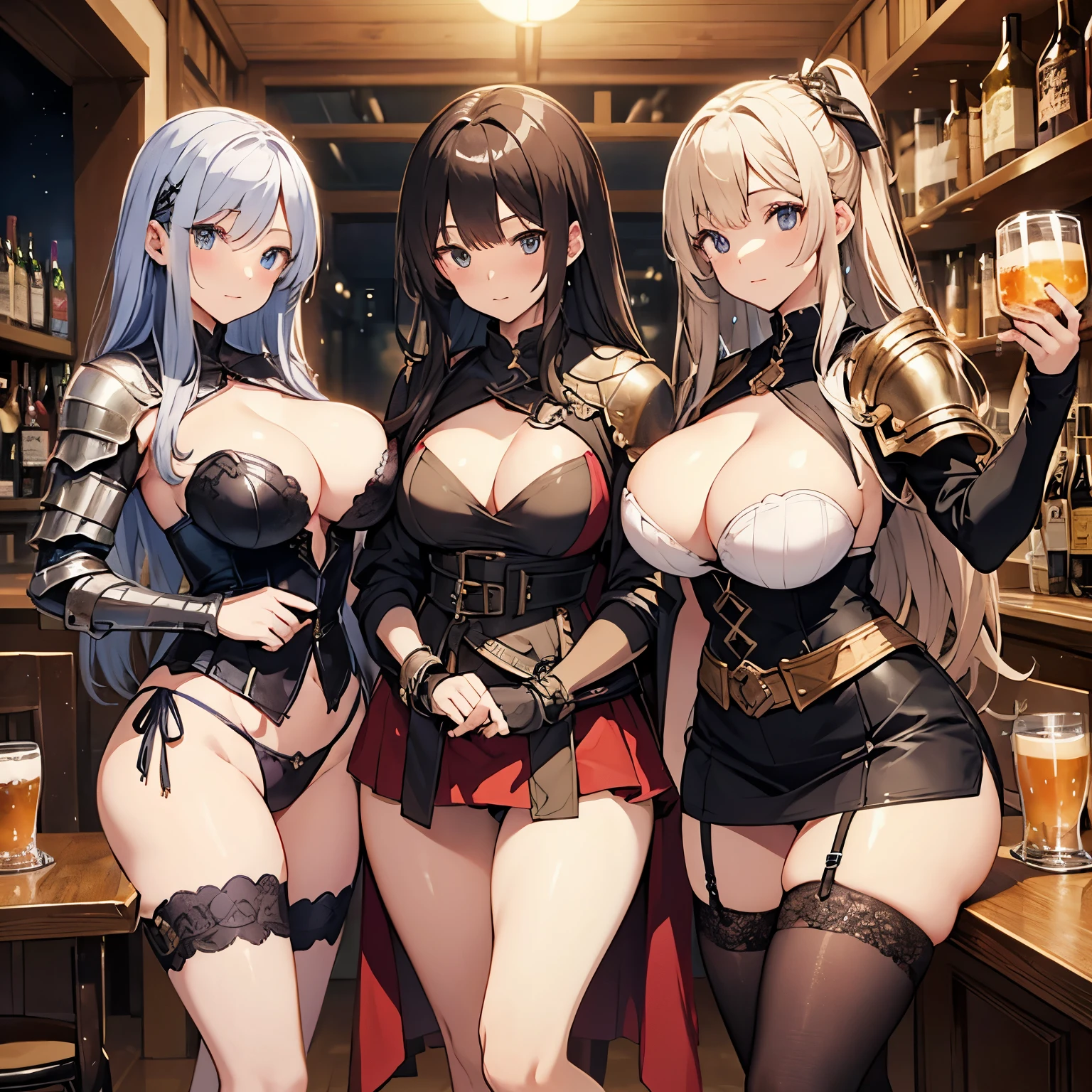 A group of female adventurers set in a medieval fantasy world, (At the pub), Mr.々Hair style, Harem, night, Detailed aspect, Short skirt, Seduce, No sleeve, armor 、showing off panties、Huge Breasts、Big Ass、wide waist width