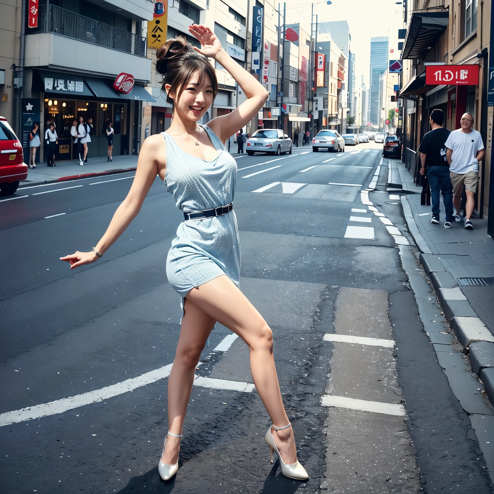 (3D:2,8K Resolution:2,stereoscopic photography:1.5,best quality:2,best realistic quality:1.5,Delicate:1.5,Fine details:1.5,Fine grained:1.5,High definition:2,High Dynamic Range:2,High Quality:2,High Resolution:1.5,Highest Quality:1.5,Highest resolution:1.5,Highly detailed:1.5,hyper realism:1.5,Hyper Realistic:1.5,large file size:1.5,masterpiece:2,noise removal:1.5,photoreal:1.5,photorealista:1.5,photorealistic:1.5,RAW photography:1.5,Realism:1.5,realist:1.5,Realistic:1.5,Safe for Work:1.5,super A high resolution:1.5,Three dimensional:1.5,Top Quality:1.5,Ultra Detailed:1.5,Ultra High Definition:1.5,Ultra High Quality:1.5,Ultra High Resolution:1.5,Ultra Realistic:1.5,Very Detailed:1.5,High quality background:1.5,High quality scenery:1.5),(Full Body:1.8),She is smiling and raising one leg on the city street,(In a dress:1.5),My Japanese girlfriend is laughing and stretching out on the street in the city with one leg raised.(Beautiful five-fingered hand),(Beautiful five-toed feet)