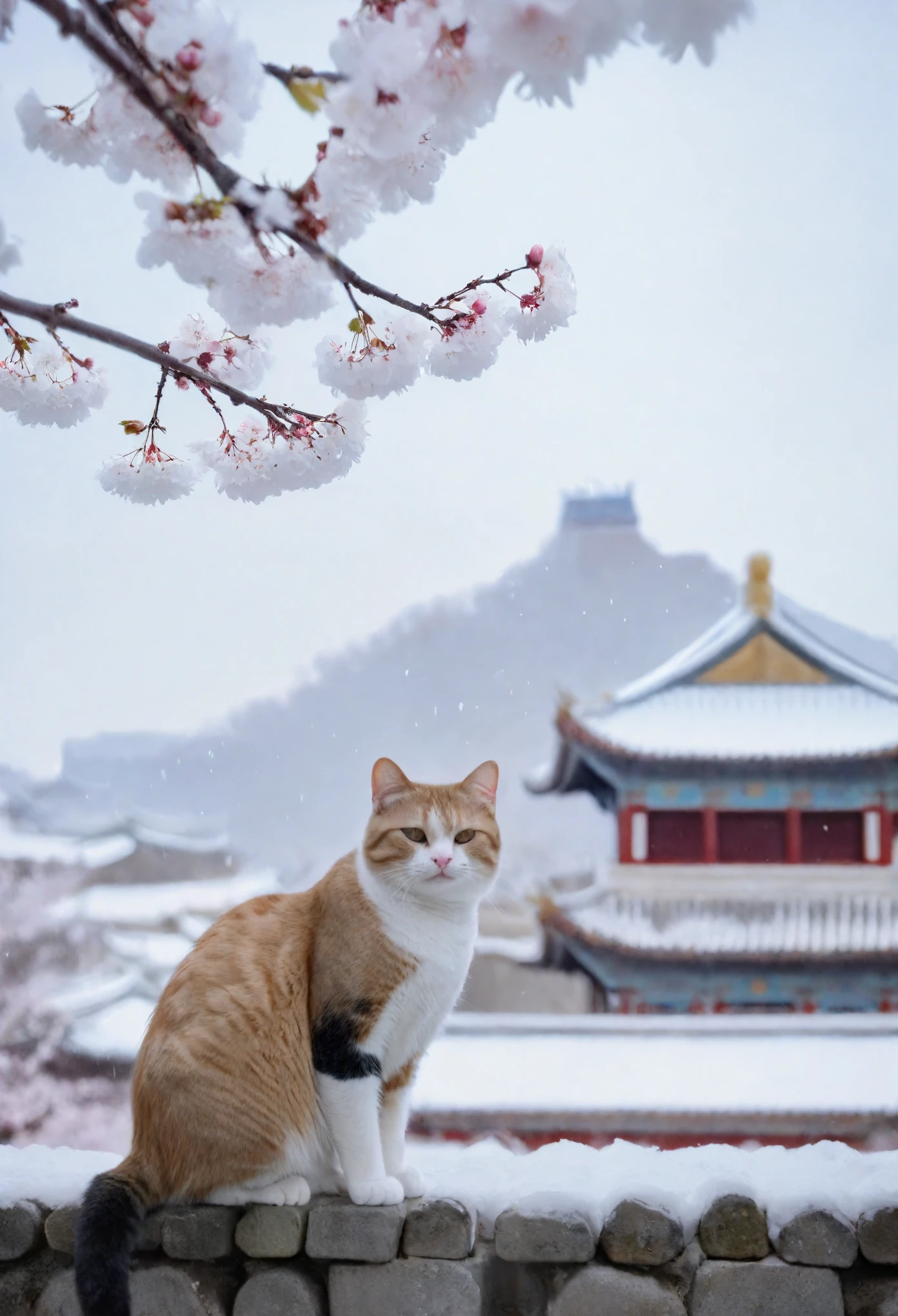 A cat perched on a branch, surrounded by lightly falling snow and white plum blossoms, creates a serene and expressive scene. The cat, facing the audience with a parted-lips expression, walks towards a gate with the Forbidden City’s walls in the background. The composition is a high-resolution masterpiece, focusing on the cat’s portrait with an extremely detailed foreground against a softly blurred background. Shadows and the subtle film grain add depth, enhancing the photorealistic quality. The setting, with its plum blossom tree and palace elements, evokes a sense of traditional Chinese beauty, rendered in an expressionism style.