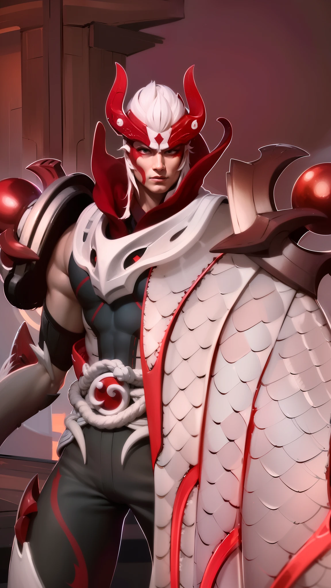 a close up of a man with a red and white costume on, onmyoji portrait, dota 2 concept art, painted portrait of mordekaiser, onmyoji detailed art, inspired by Huang Shen, dota character, dota 2 hero, hero from dota 2, onmyoji, 8k hd wallpaperjpeg artifact, 8 k hd wallpaperjpeg artifact, Best quality, masterpiece, detailed skin texture, detailed clothes texture, detailed face, super detail, 8k, intricate detail, 1 boy, The color doesn't change, Muscle guy, 1 guy, red eyes.