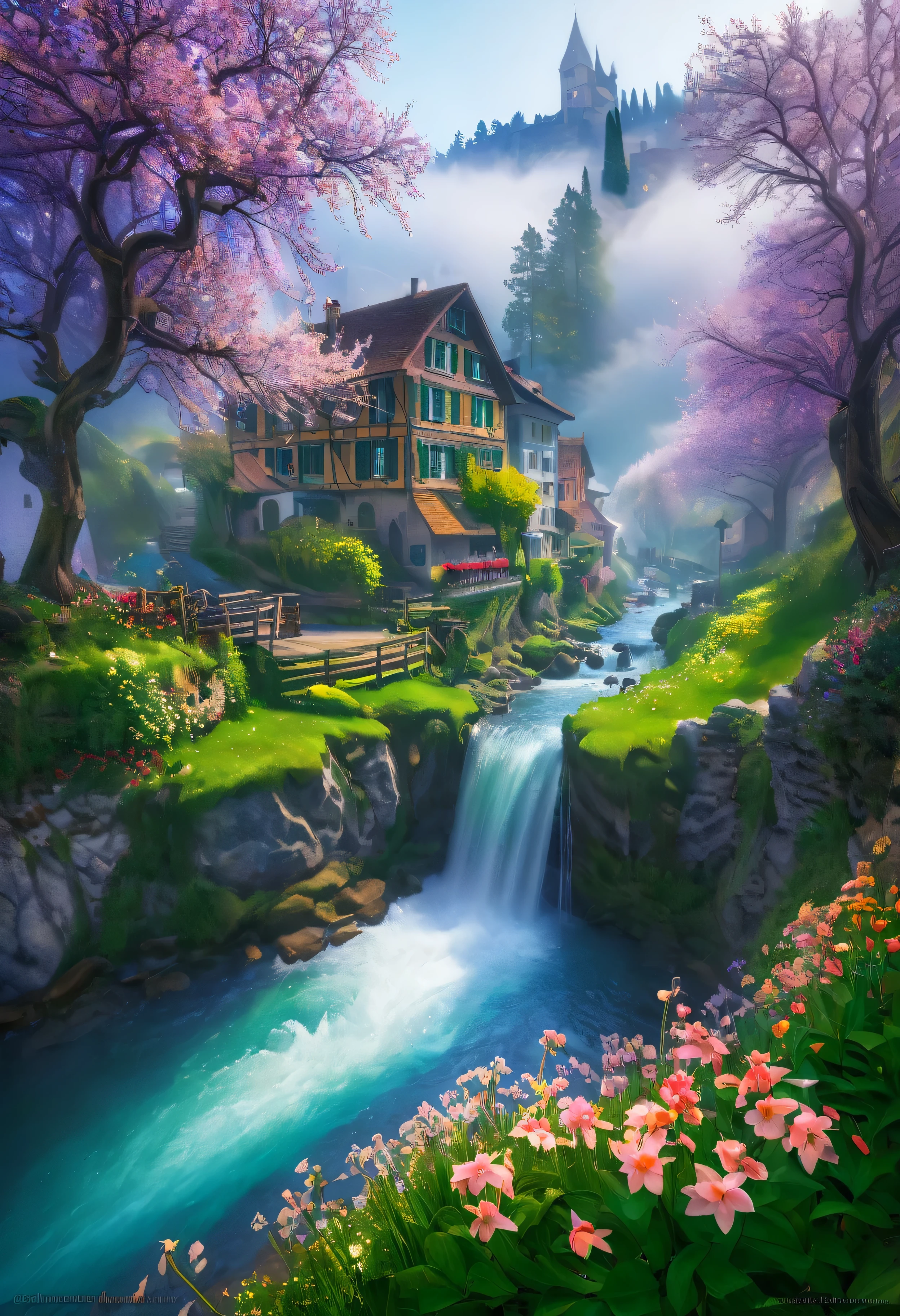 swiss alpine village, ChromaV5, nvinkpunk, (extremely detailed CG unity 8k wallpaper), An image of a majestic river, trees on the sides, tiny waterfall, intense fog, award-winning photography, Chromatic Aberration, Detailed, HDR, Bloom, style by Monet, Pissarro, and Sisley, trending on ArtStation, trending on CGSociety, art by mid-journey