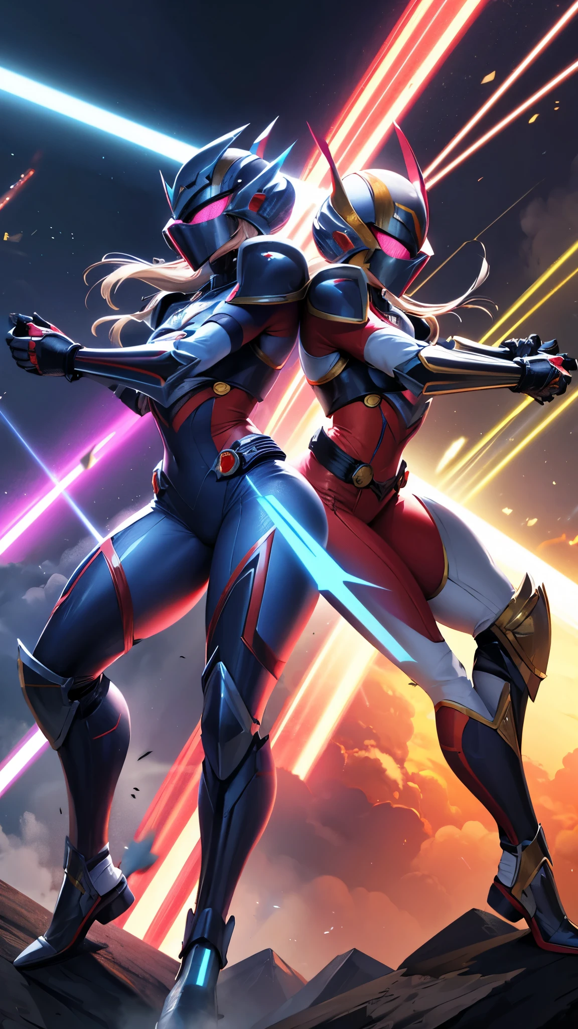 female super sentai, tokusatsu, breastplate armor, colored suit, powerful poses, dynamic action, helmet design, team members, special weapons, explosions, laser effects, high-tech gadgets, epic battles, intense energy, special effects, dramatic lighting, vibrant colors, heroic stance, futuristic cityscape, electrifying atmosphere
