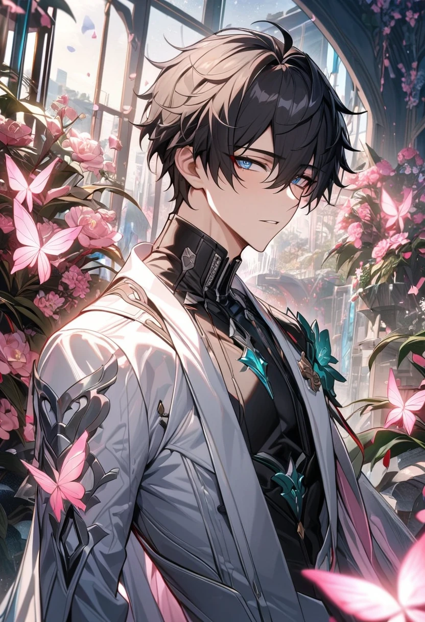 (absurdres, highres, ultra detailed, HDR) master piece, best quality, perfect face, Dan Heng, black hair, expressive blue eyes, solo, sexy man, handsome, black and white clothes, black gloves, glass pink flowers, glass pink petals, glass pink butterflies, glass garden, glass blossoms, everything made with glass, honkai star rail