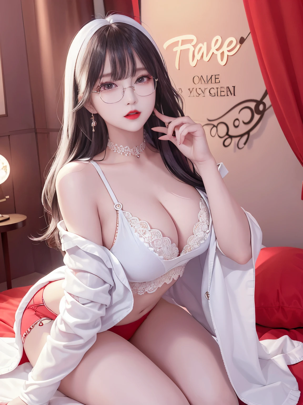Top image quality、Raw photography、A high resolution、20-year-old cool Korean、big round chest、thin silk jacket、red lace underwear、Beautiful Eyes of Details、very elongated eyes、Beautiful eyelashes、Beautiful double eyelids、eyeshadows、 long legs, medium thighs, wearing Glasses、beautiful eyes finely detailed、elongated eyes、long eyeslashes、Beautiful double eyelids、eyeshadows、earrings、shiny white skin、 full body shoot, chuppy body,