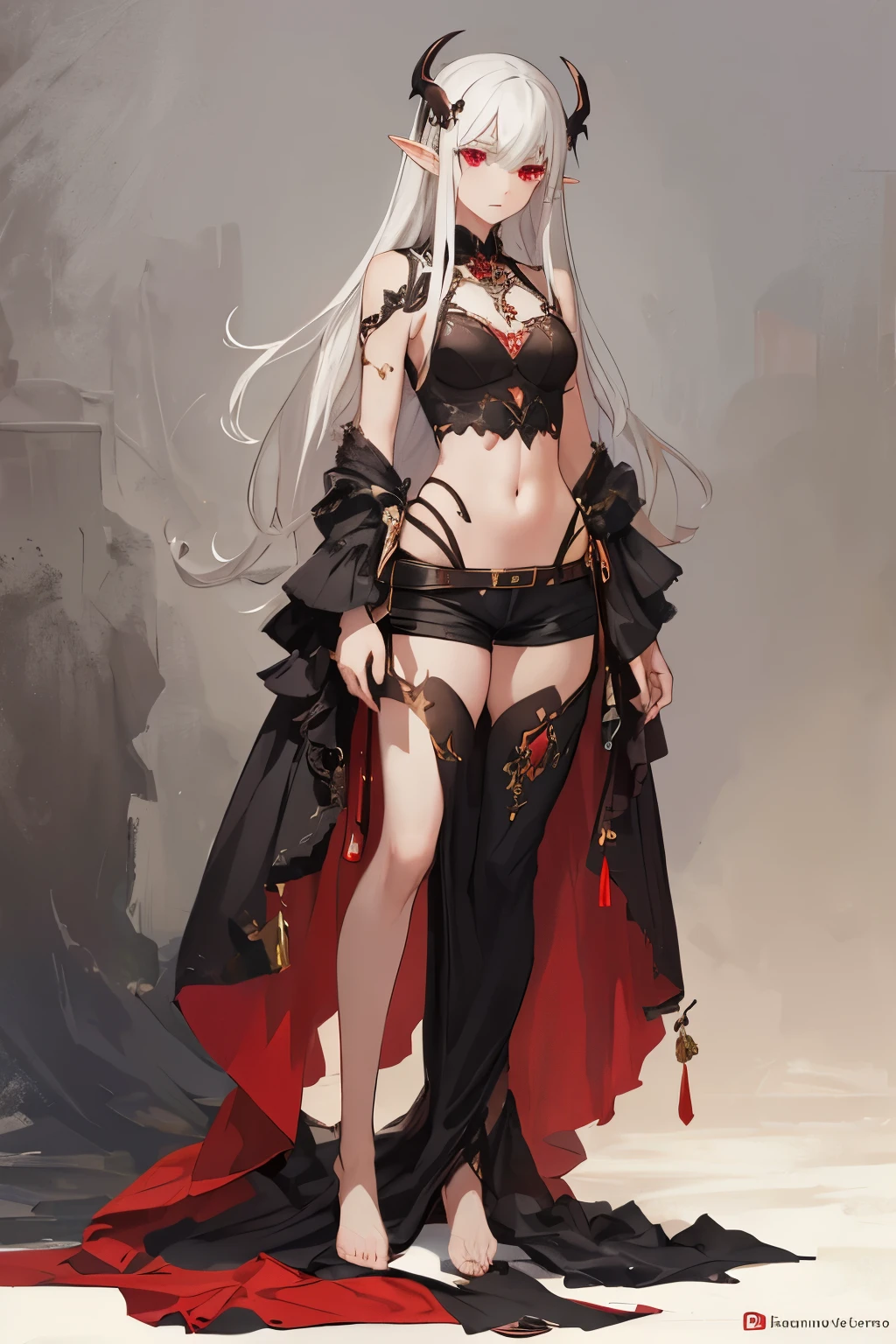 straight view,
standing upright.
young beautiful elf vampire princess,
very detailed face and body,
long ash hair,
Red eyes,
serious expression,
dark open top on the chest,
shorts,
without shoes,
chest cutout,
open chest size 2,
32k.
