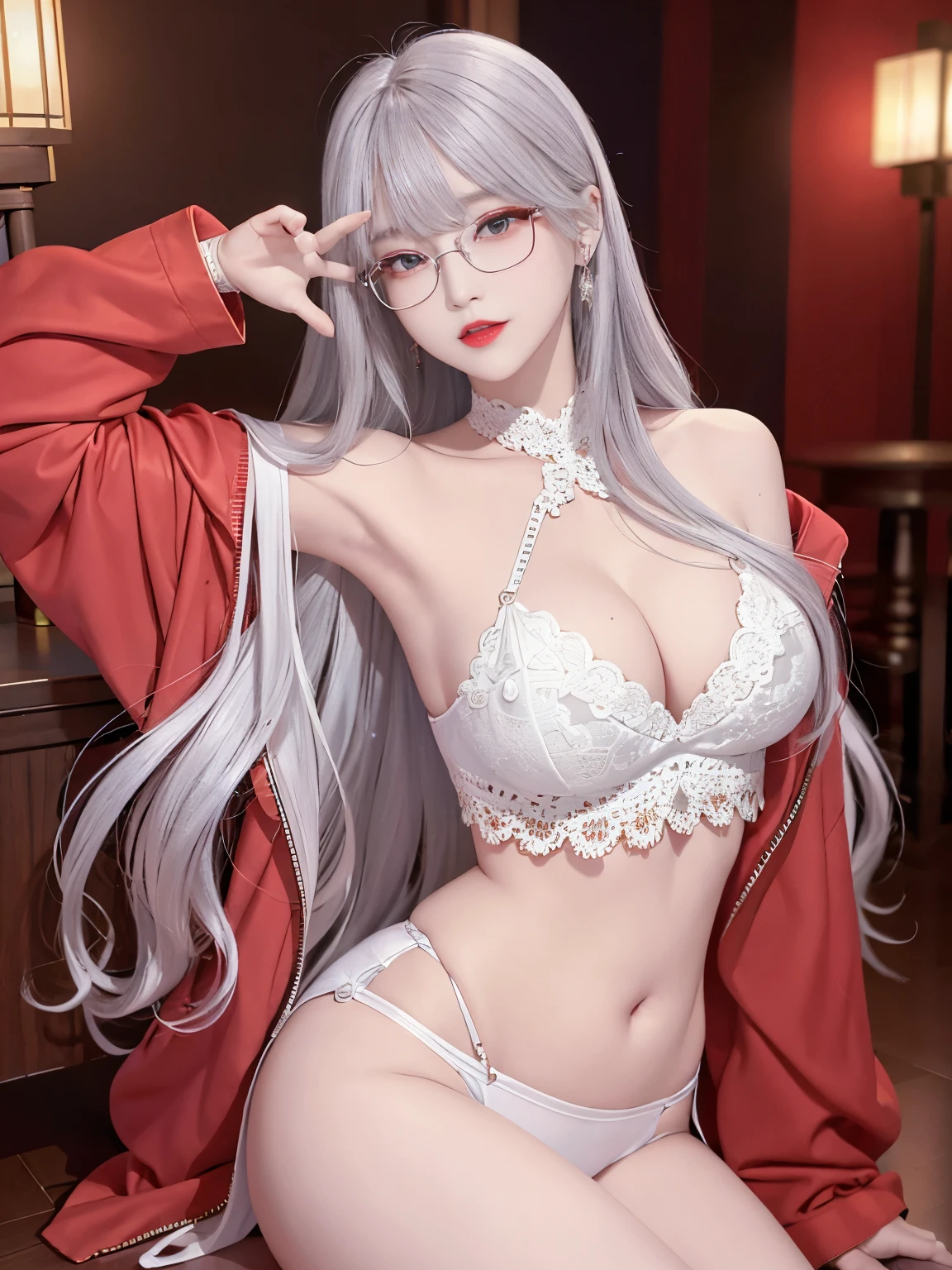 Top image quality、Raw photography、A high resolution、20-year-old cool Korean、big round chest、thin silk jacket、red lace underwear、Beautiful Eyes of Details、very elongated eyes、Beautiful eyelashes、Beautiful double eyelids、eyeshadows、 long legs, medium thighs, wearing Glasses、beautiful eyes finely detailed、elongated eyes、long eyeslashes、Beautiful double eyelids、eyeshadows、earrings、shiny white skin、 full body shoot, chuppy body,