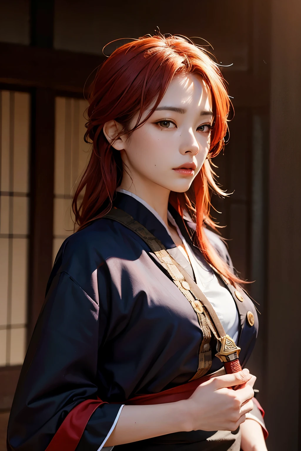 masterpiece, best quality, (extremely detailed CG unity 8k wallpaper), (best quality), (best illustration), (best shadow), absurdres, realistic lighting, (Abyss), beautiful detailed glow, art by PeterMohrBacher, a woman with red hair holding a sword, inspired by rossdraws, pixiv contest winner, portrait of hisoka hunter hunter, red scales on his back, realism artstyle, clothed in old samurai uniform, photorealistic artstyle, beautiful avatar pictures, ichigo, in japanese anime style, trash polka