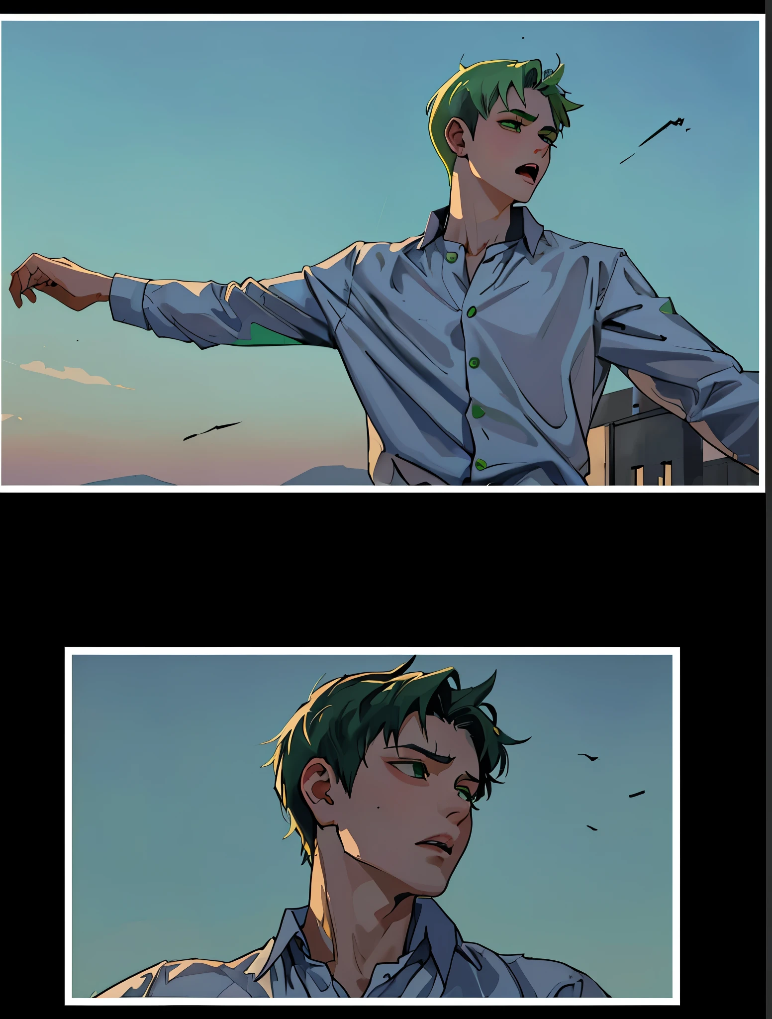 white long sleeve shirt green hair 16 year old man is scared surprised he is falling silent