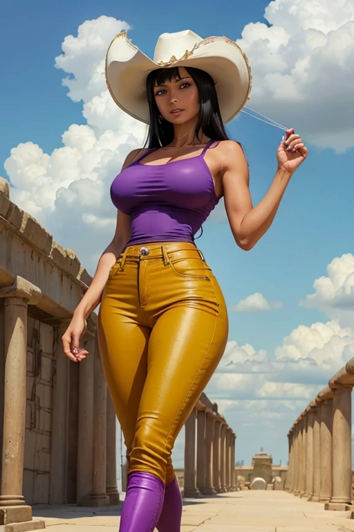 (masterpiece), best quality, expressive eyes, perfect face, Nico Robin in Sky Temple, (clouds background), (walking), (smirk), (closeup view), (1girl, Nico Robin face, dark skin, tanned skin, tan, black hair, bangs haistyle, brown eyes, hourglass figure, skinny body, large breasts, huge breasts, oppai, wide hips, thick thighs, yellow top, sleeveless, spaghetti straps, purple pants, white cowboy hat, tribal armband, heels),