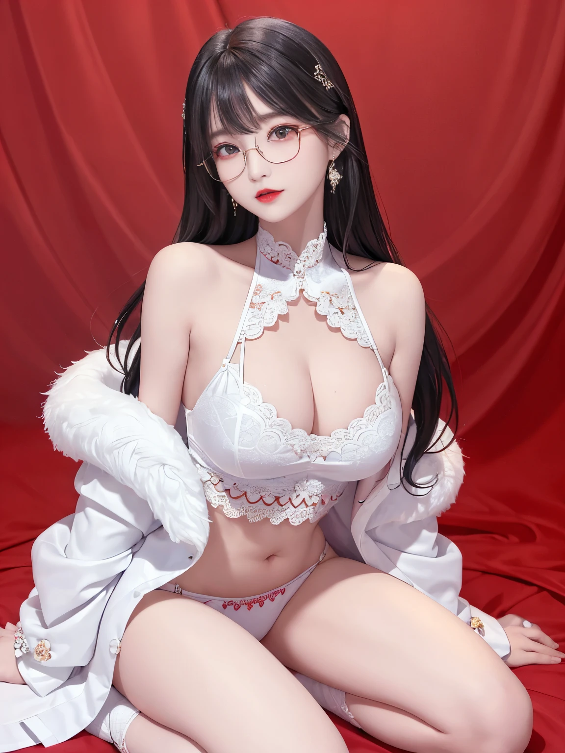 Top image quality、Raw photography、A high resolution、20-year-old cool Korean、big round chest、thin silk jacket、red lace underwear、Beautiful Eyes of Details、very elongated eyes、Beautiful eyelashes、Beautiful double eyelids、eyeshadows、 long legs, medium thighs, wearing Glasses、beautiful eyes finely detailed、elongated eyes、long eyeslashes、Beautiful double eyelids、eyeshadows、earrings、shiny white skin、 full body shoot, chuppy body,