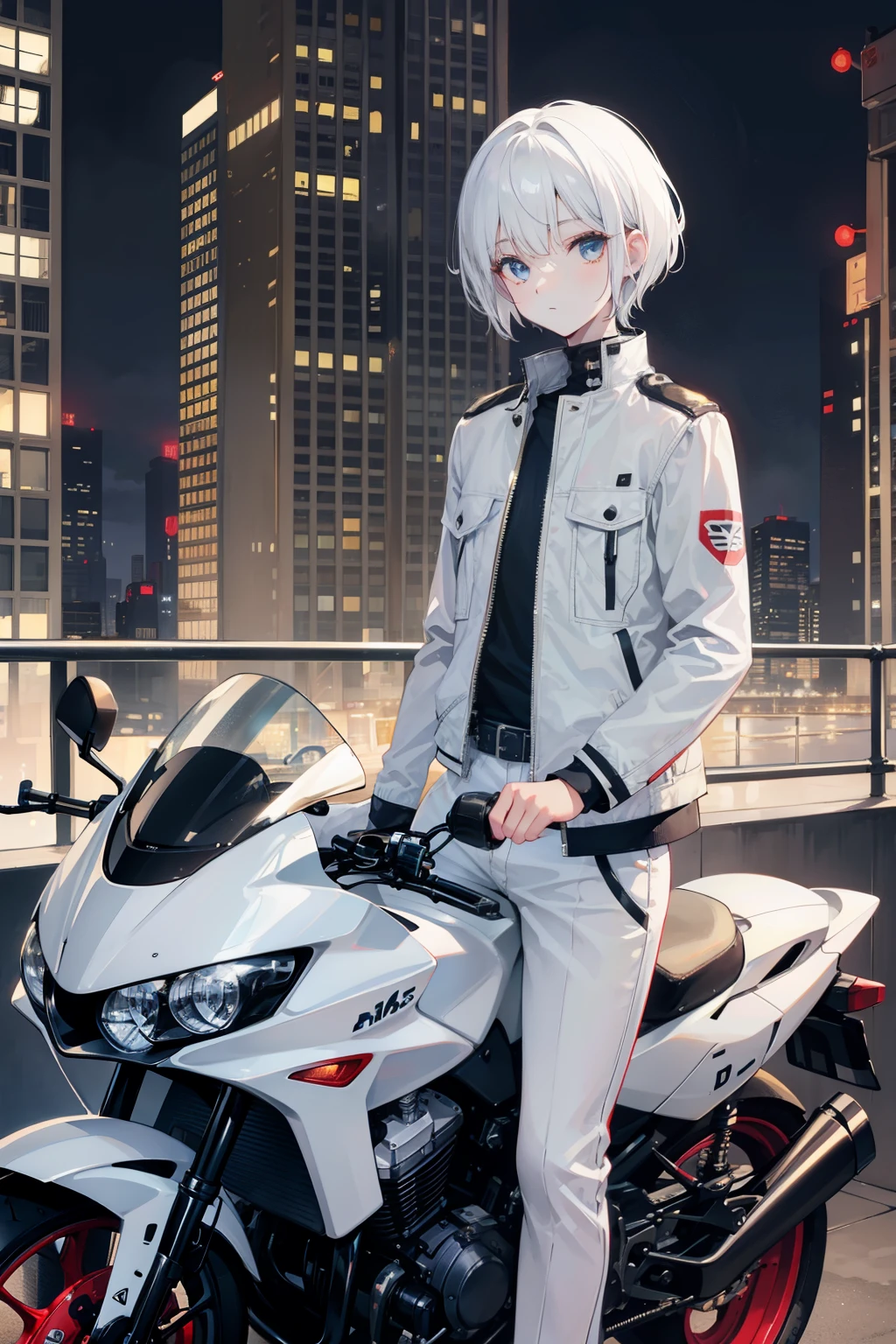 White Hair、Short Hair、Short Bob、14 years old、Beautiful boy、Retro large motorcycle、White large motorcycle、Night City、Buildings