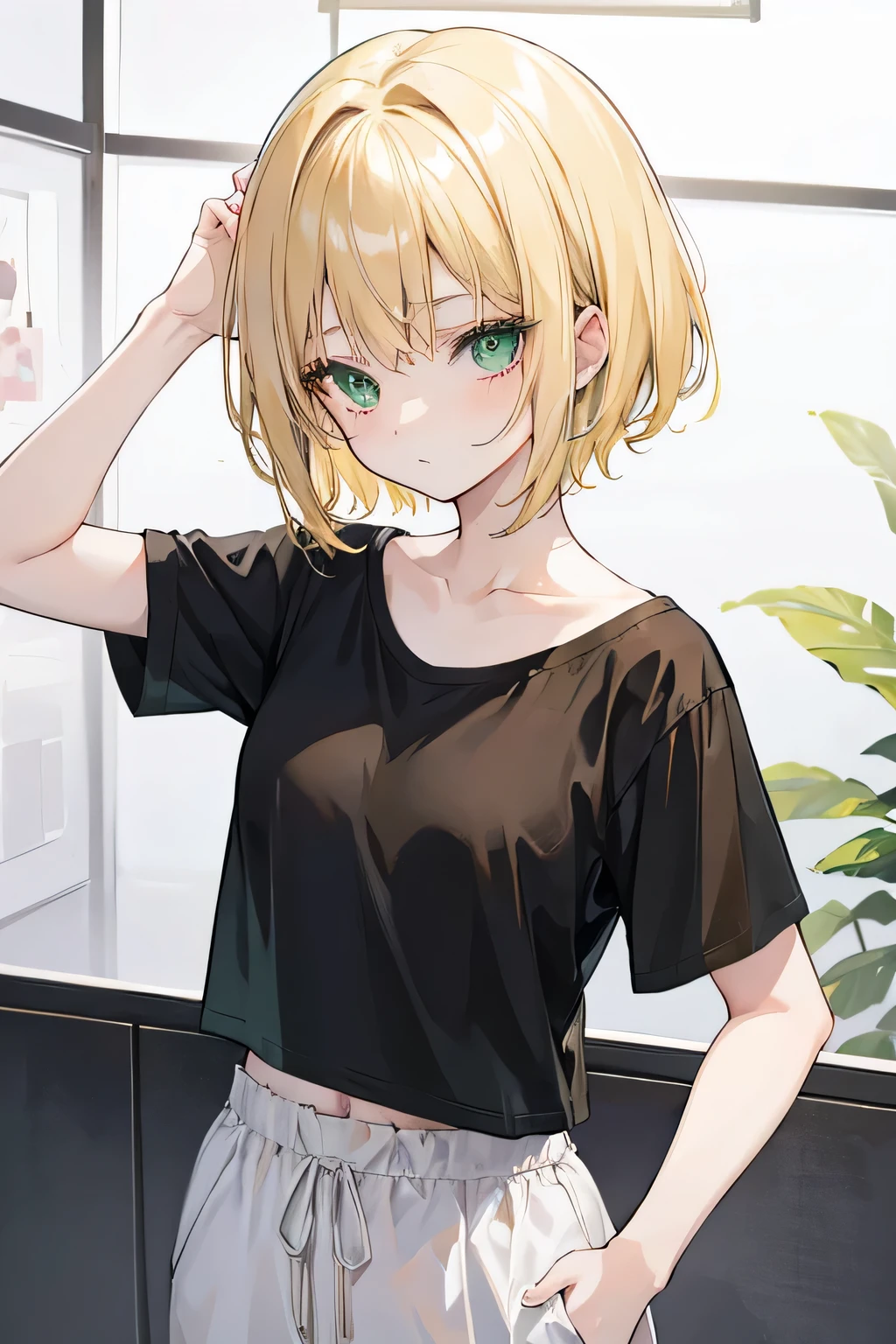 Anime blonde girl with short hair and expressive green eyes. The girl is wearing a black oversize T-shirt, light brown loose pants and a white haori.