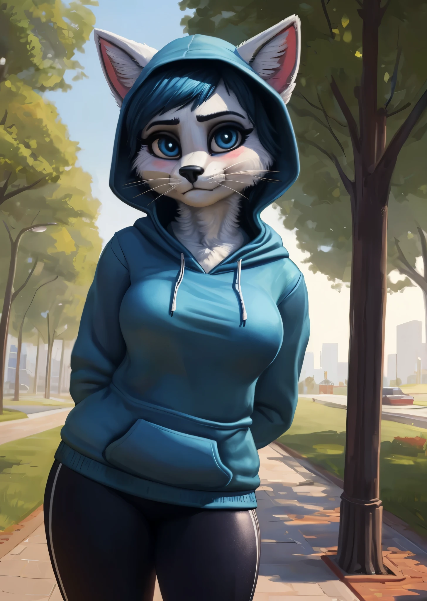 [Uploaded to .com; (@rayjayes), (@pixelsketcher), (@foxovh)], ((masterpiece)), ((HD)), ((high res)), ((solo portrait)), ((waist-up)), ((front view)), ((furry; anthro)), ((detailed fur)), ((detailed shading)), ((beautiful render art)), ((intricate details)), {anthro cat; (white fur), black nose, (whiskers), (cute blue eyes), (black pupils), (short eyelashes), (short blue hair), (spiky bang), (long blue tail), (curvy hips), (beautiful legs), (blushing), (cute nervous smirk), (nervous expression)}, {(blue sweatshirt hoodie), (black yoga pants)}, {(standing), (nervous demeanor), (hands behind back), (looking at viewer)}, [background; (park), (flowers and trees), (blue sky), (sun rays), (ambient lighting)]