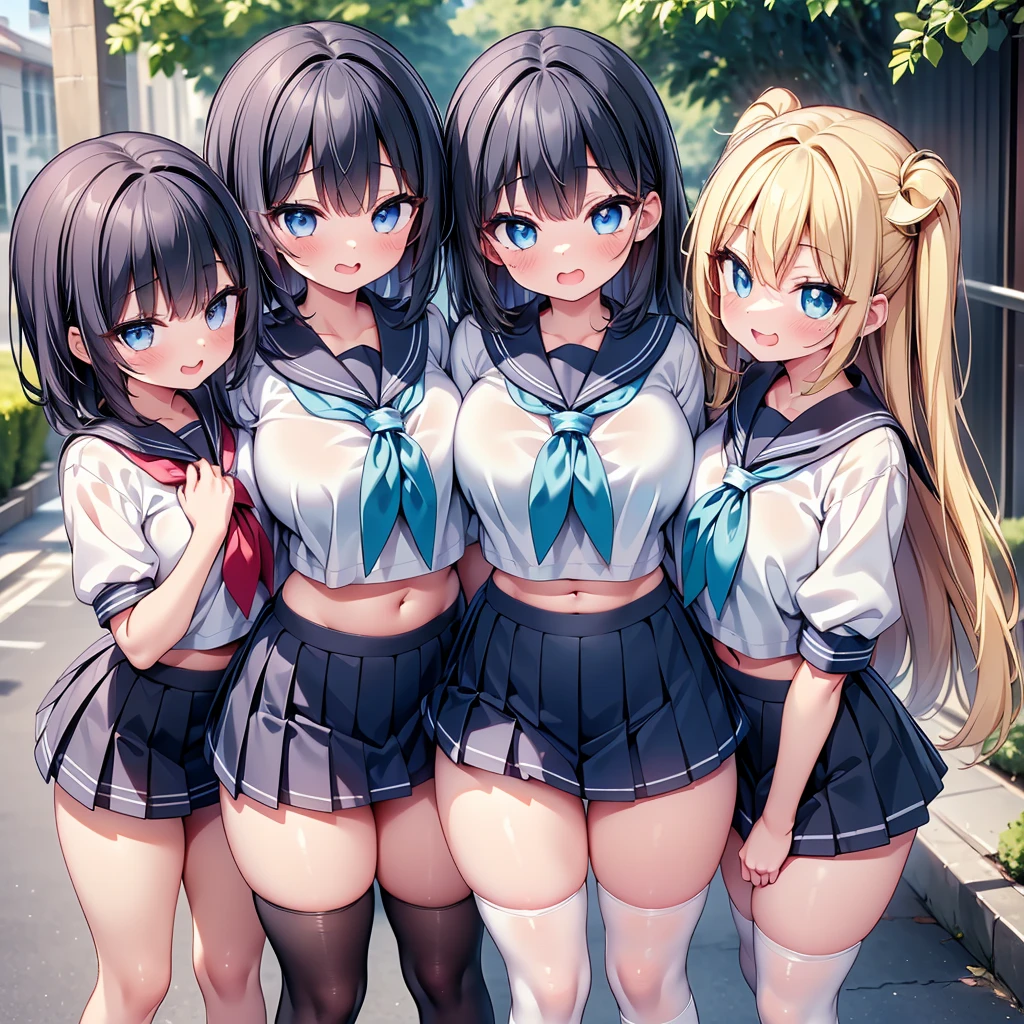 (cute eyes:1.2), (sparkling eyes:1.2), highest quality,wonderful,finely,extremely detailed CG Unity 8K wallpaper, (Stand in line:1.2), (3 girls, sailor uniform, clothed), (standard weight:1.1), (huge breasts), (open mouth:1.1), (long tongue:1.1), (mouth drool:1.1), (Black knee socks:1.1),(Thighs:1.3),(Waistline:1.2),(midriff peek:1.2)