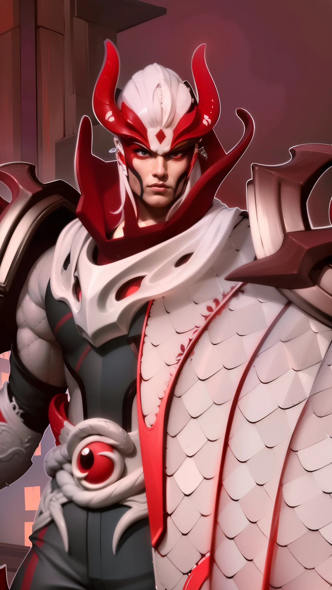 a close up of a man with a red and white costume on, onmyoji portrait, dota 2 concept art, painted portrait of mordekaiser, onmyoji detailed art, inspired by Huang Shen, dota character, dota 2 hero, hero from dota 2, onmyoji, 8k hd wallpaperjpeg artifact, 8 k hd wallpaperjpeg artifact, Best quality, masterpiece, detailed skin texture, detailed clothes texture, detailed face, super detail, 8k, intricate detail, 1 boy, The color doesn't change, Muscle guy, 1 guy, red eyes.