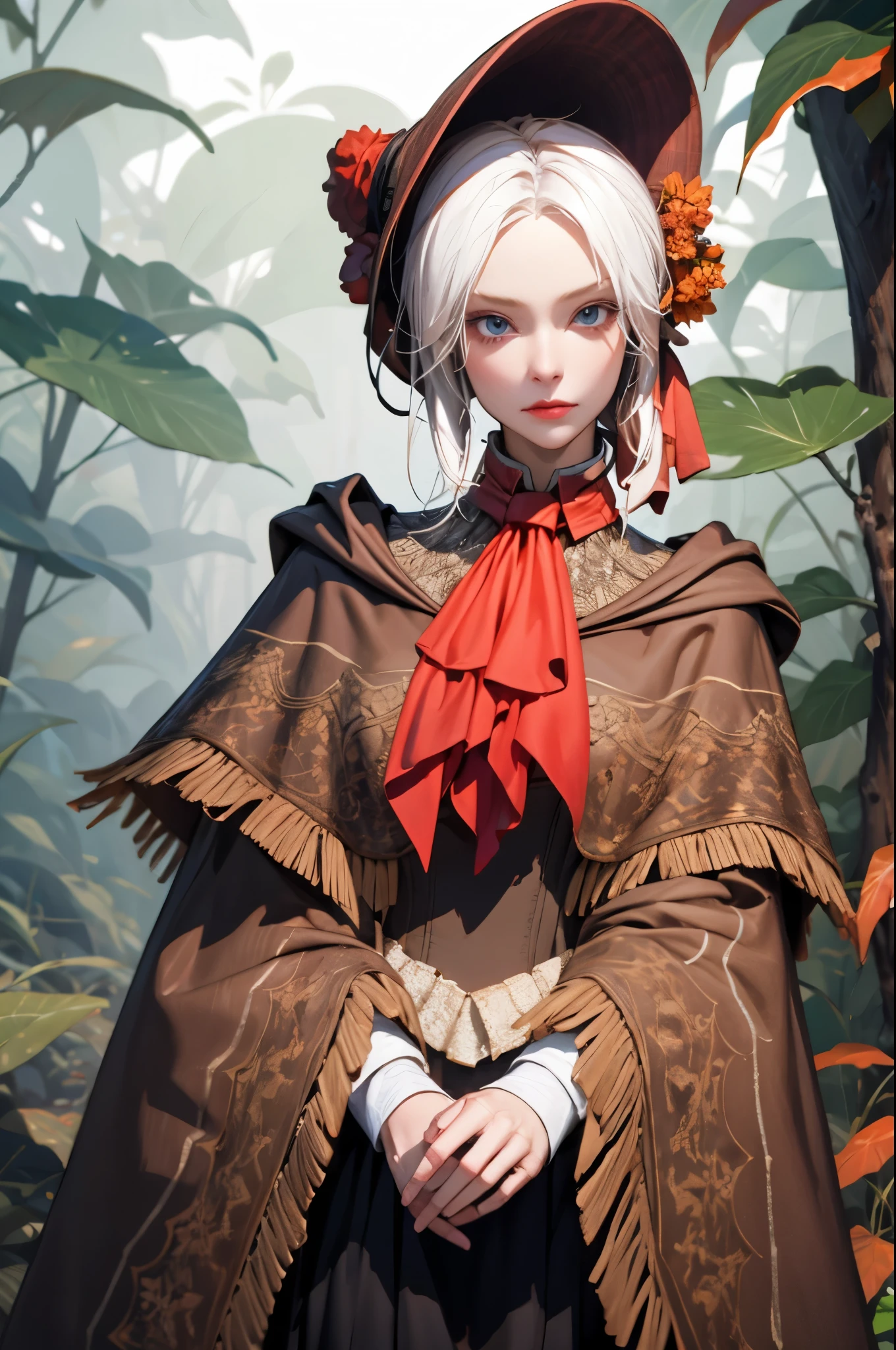 perfect eyes:1.2, detailed eyes:1.4, plaindoll, white hair, pale skin, white eyelashes, white eyelash, doll joints, bonnet, brown cloak, long dress, red ascot, emotionless, autumn, forest, fog, dead trees, muted color, cowboy shot, 1girl, solo, (masterpiece:1.6, best quality),
