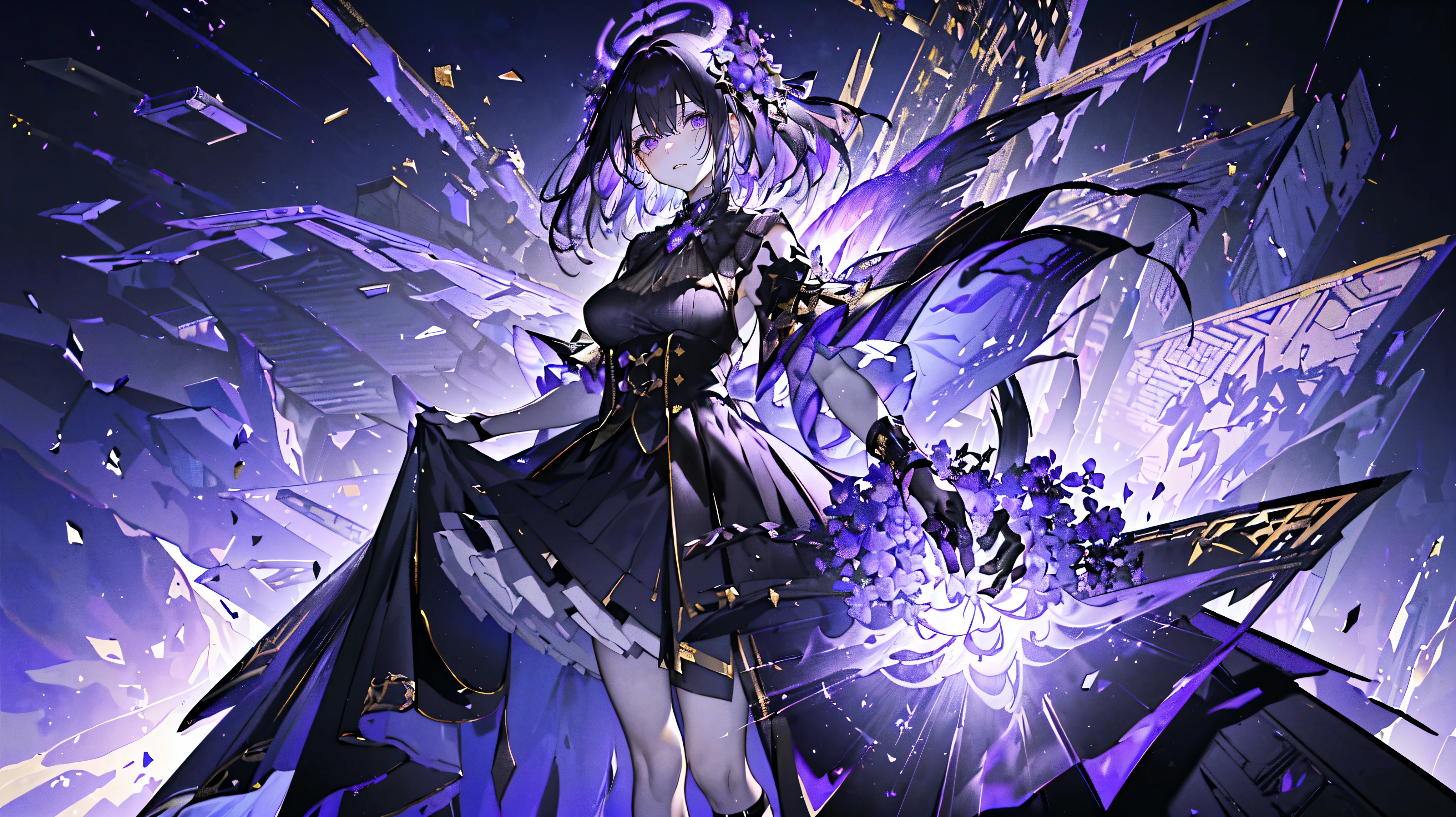 (Super detailed)),((illustration))，((masterpiece)),(((need))),((Beautifully、Highest quality CG Unity 8K wallpaper masterpiece），（（4k，masterpiece，best quality）），Woman with purple black hair，Mature，Playful eyes，Black and gold ruffled long tulle skirt，Dress appropriately，Wrapped in bandages，Lilac veil，Black and gold embellishment，Dim light，Hold the Pharaoh's scepter，Coercion，A huge pyramid emitting a dim purple light，Halo，Big Breasts，Holding a three-dimensional triangle in hand，Abstract symbol floating in the air，Black Hole Black Silk，Black high heels，in the museum，There are many items with unique shapes，Standing in a huge coffin，There are a lot of coffins around，mummy，Holding a bunch of purple flowers in hands，A sea of purple flowers，Black and gold stripes，Melting statue，Full body close-up perspective