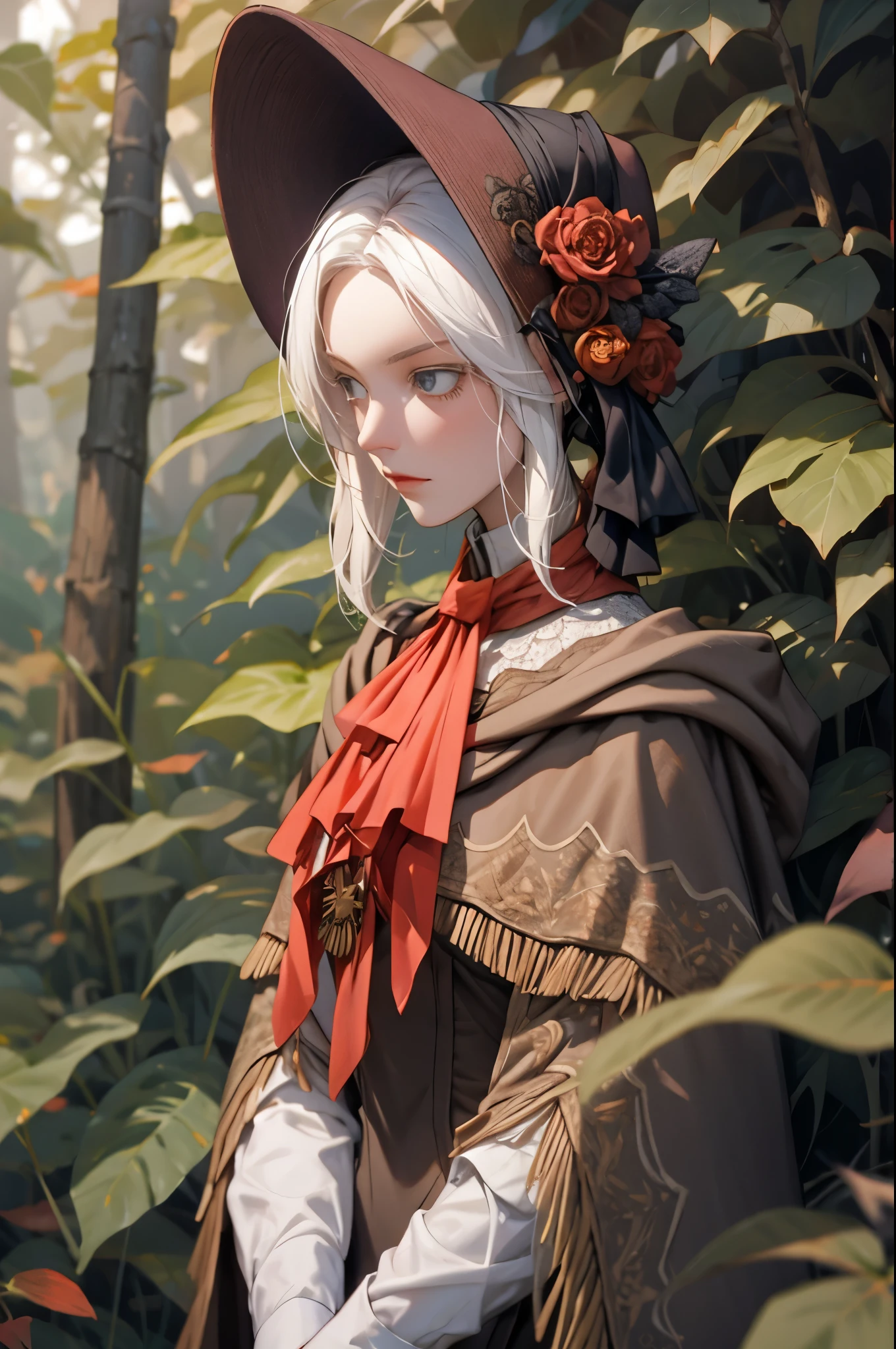 perfect eyes:1.2, detailed eyes:1.4, plaindoll, white hair, pale skin, white eyelashes, white eyelash, doll joints, bonnet, brown cloak, long dress, red ascot, emotionless, autumn, forest, fog, dead trees, muted color, cowboy shot, 1girl, solo, (masterpiece:1.6, best quality),
