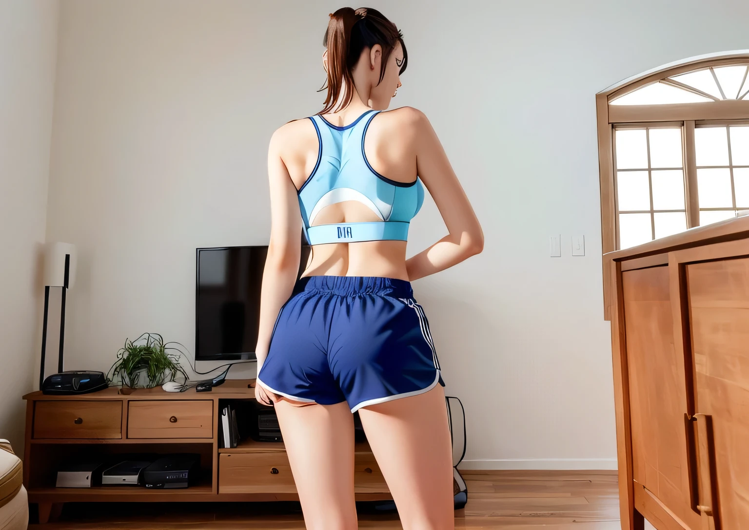 there is a woman standing in a living room playing a video game, sport bra and dark blue shorts, sport bra and shorts, in shorts, back pose, backview, back - shot, from back, long shot from the back, seen from the back, rear-shot, waist reaching ponytail, back arched, back shot, showing her shoulder from back