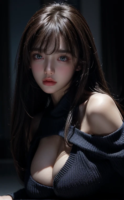 best quality, masterpiece,, Delicate skin, Be focused, Movie Lighting, soft light , Feel free to hairstyle, Ultra-fine face, Delicate eyes, Smooth skin, Bangs, Big , Cleaosed, blue eyes, ((Dark background)), Looking at the audience, Off-shoulder, Black Sweater, Pointed face, Open Mouse, long bang,