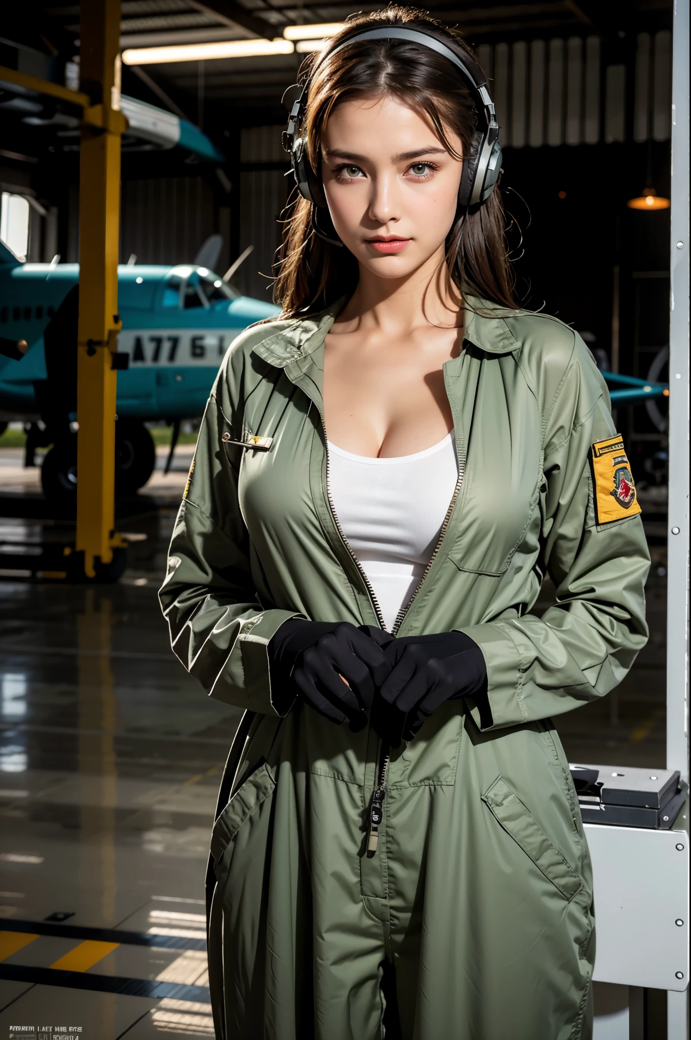 Best quality, ((professional photograph, RAW photo)), Insanely realistic, an extremely delicate and beautiful, ultra high res, realistic lighting and shading, (Realistic image of a extremely pretty female Aircraft mechanic, solo), Inside a spacious Aircraft hangar, Monoplane fighters of the World War II era line the background, Aircraft parts scattered on the floor, Tools for maintenance, She does aircraft maintenance, (wearing Military camouflage patterned Long-sleeved mechanic's coverall), (wearing mechanic's heavy-duty glove), (Wearing a headset), her hair is tied back later, very professional mechanic, inscrutable smile, ((extremely beautiful depiction of the eyes and face)), (insanely beautiful natural skin texture), Accurate eyes, Accurate hands, Well-balanced overall body