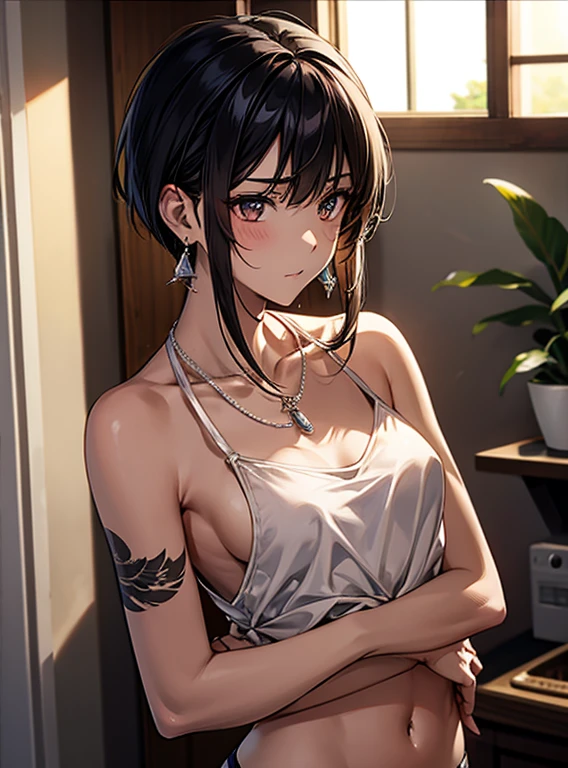(Hands folded behind your back)、Beautiful breasts、Black Hair、Armpits are visible、Attractive breasts、Beautiful and attractive anime woman, Enchanting anime girl, Top rated on pixiv、Short Bob、Healthy Body、OK、(white)Small see-through underwear、Yakuza、(Cover the whole body)tattoo、(All over your arms)Tattoo、I can see your underwear、Shaving、Slippery、big round earrings、Iris、beautiful girl、、Provocative、Underwear is biting into、The setting sun is shining through the window、Stay in the house、Quiet、Inconspicuous、Nipples、(Quite small)Chain Necklace、bedroom、Brown Skin