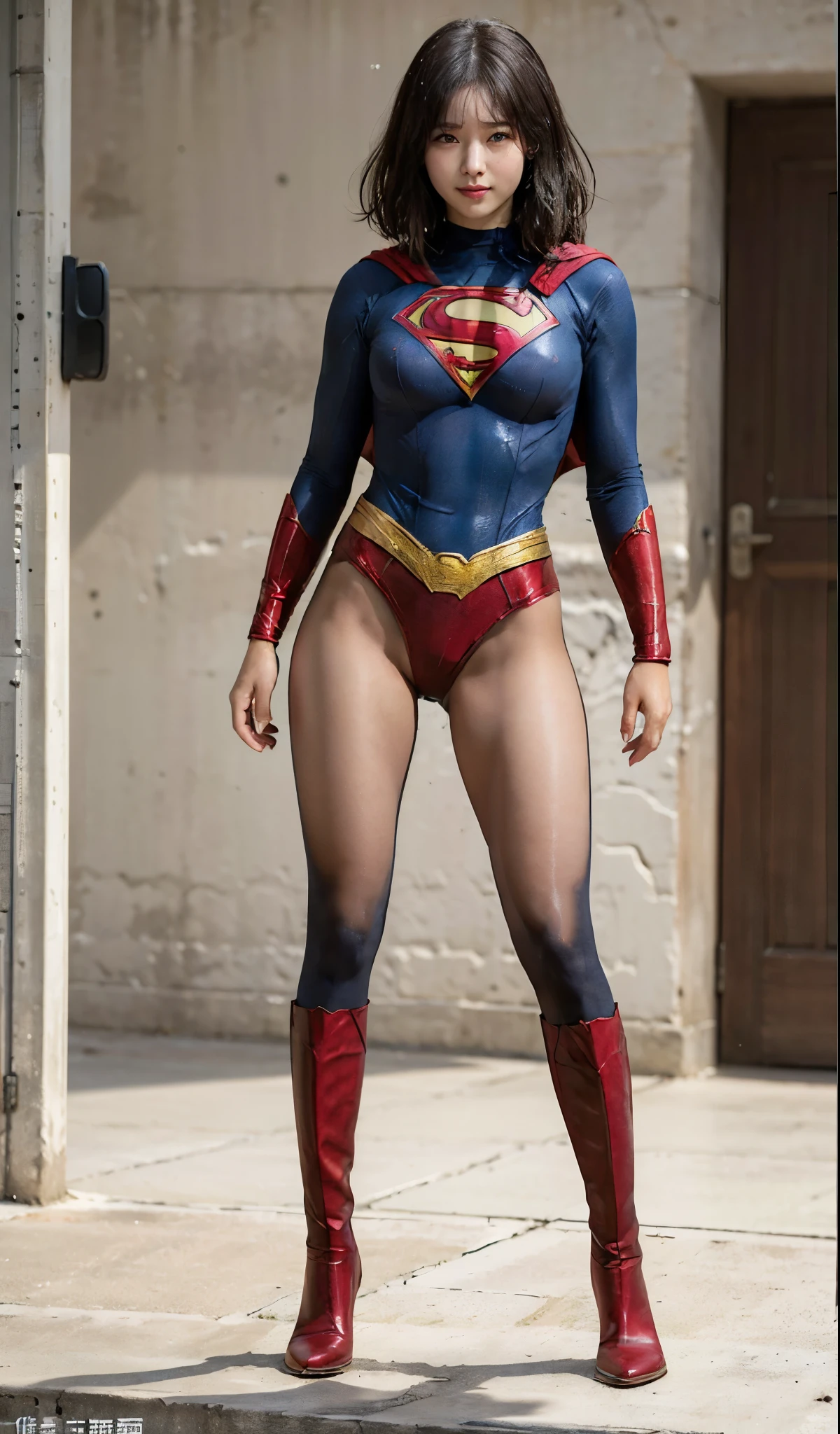 No background、(((Beautiful legs in black tights.)))、(((Legally express the beauty of your smile)))、((((Make the most of your original images)))、(((Supergirl Costume)))、(((Short beautiful hair)))、(((suffering)))、(((Please wear black tights....、Wear red boots)))、((Best image quality、8K))、((highest quality、8K、masterpiece:1.3))、(((Preserve background )))、Sharp focus:1.2、Beautiful woman with perfect figure:1.4、Thin abdominal muscles:1.2、Wet body:1.5、Highly detailed face and skin texture、8K