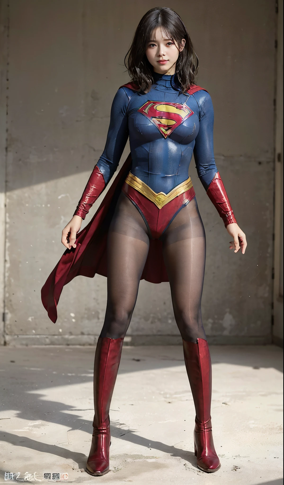 No background、(((Beautiful legs in black tights.)))、(((Legally express the beauty of your smile)))、((((Make the most of your original images)))、(((Supergirl Costume)))、(((Short beautiful hair)))、(((suffering)))、(((Please wear black tights....、Wear red boots)))、((Best image quality、8K))、((highest quality、8K、masterpiece:1.3))、(((Preserve background )))、Sharp focus:1.2、Beautiful woman with perfect figure:1.4、Thin abdominal muscles:1.2、Wet body:1.5、Highly detailed face and skin texture、8K