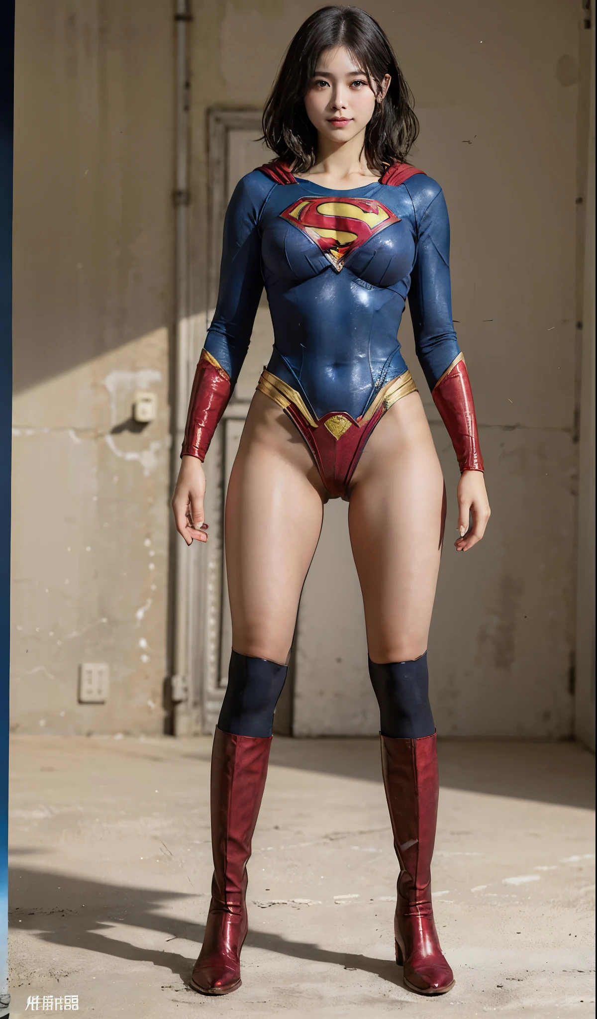 No background、(((Beautiful legs in black tights.)))、(((Legally express the beauty of your smile)))、((((Make the most of your original images)))、(((Supergirl Costume)))、(((Short beautiful hair)))、(((suffering)))、(((Please wear black tights....、Wear red boots)))、((Best image quality、8K))、((highest quality、8K、masterpiece:1.3))、(((Preserve background )))、Sharp focus:1.2、Beautiful woman with perfect figure:1.4、Thin abdominal muscles:1.2、Wet body:1.5、Highly detailed face and skin texture、8K