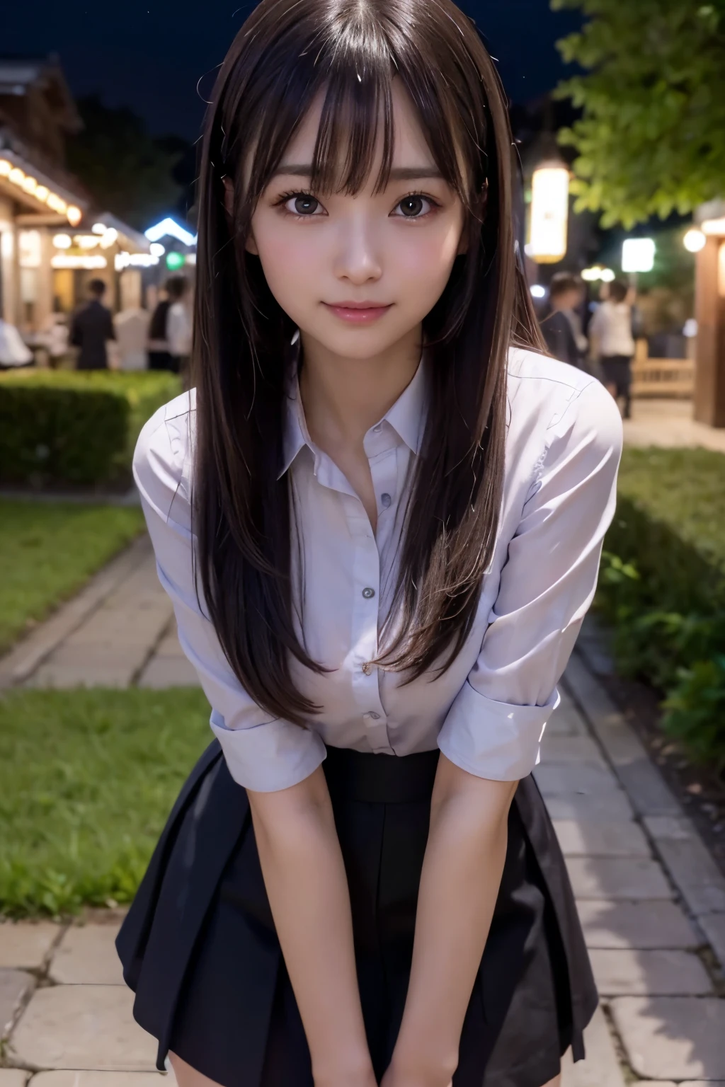 first-person-view, (masterpiece:1.3), high resolution, ultra detailed, extremely detailed CG unity 8k wallpaper, realistic, photo-realistic, RAW photo, beautiful detailed face, pale skin, realistic glistening skin, detailed cloth texture, detailed hair texture, Perfect body, Beautiful Face, accurate, Anatomically correct, Highly detailed face and skin texture, natural neck length, (beautiful hands), (fair skin:1.2), Thin legs, Thin feet, Well-aligned teeth,
BREAK,
Detailed eyes, symmetric eyes, Light Brown eyes, Double eyelids, Thin eyebrows, (Glossy lips:1.4), ((provocative smile:1.2)), (blush:1.3),
BREAK,
(A Classy and Cute girl:1.3), (wearing a classy Light Purple Button shirt:1.2),
BREAK,
(long irregular hem skirt of Navy color:1.2), (long skirt),
medium breasts, (slender figure:1.1), firm abs, beautiful clavicle,
(Dark blonde hair, wavy hair, long hair:1.2), ((asymmetrical bangs:1.2)), ((whispering with hand on around the mouth:1.3)),
BREAK,
(Standing leaning forward),
((in the outdoor 'Biergarten' of Japan at night:1.2)), (night), (night), (night), (Upper body shot:1.2), looking at viewer, from above:0.5,